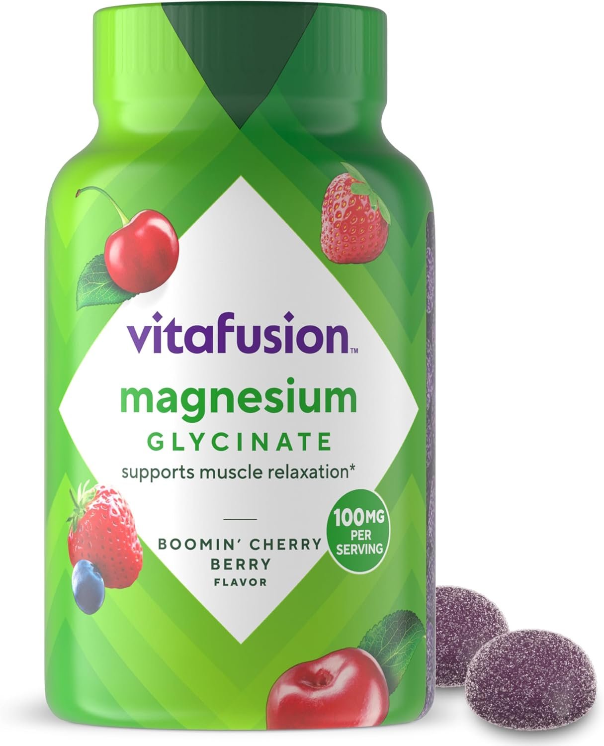 vitafusion Magnesium Glycinate Gummy Supplement, 100 mg per Serving Supports Muscle Relaxation (1) for Adult Women & Men, Boomin’ Cherry Berry Flavor, 60 Count