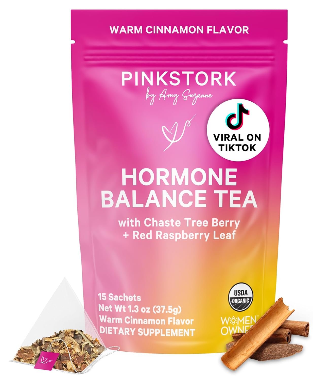 Pink Stork Hormone Balance Tea for Women – Red Raspberry Leaf & Chasteberry (Vitex) – Organic Herbal Tea for PMS, Menstrual Cycle + Perimenopause Support – Caffeine-Free Cinnamon Blend – 30 Cups