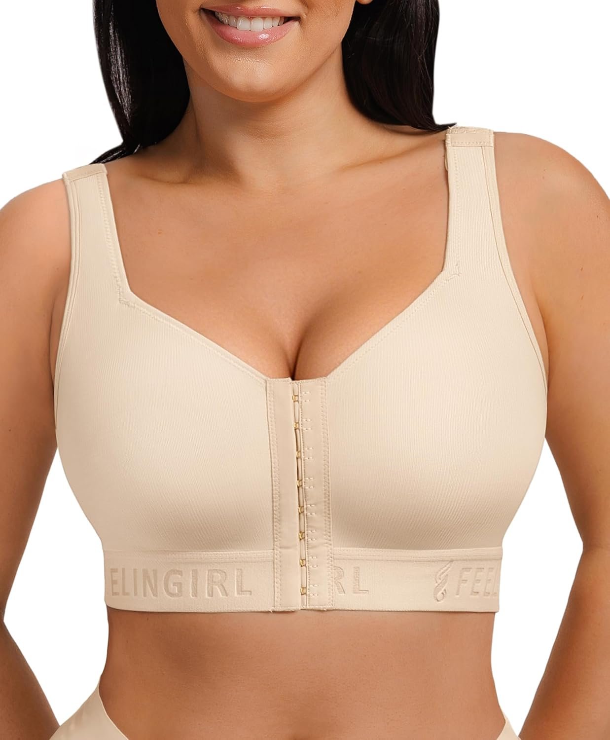 FeelinGirl Post Surgery Bra Front Closure Compression Mastectomy Bra for Women with Wide Adjustable Straps Wirefree Support