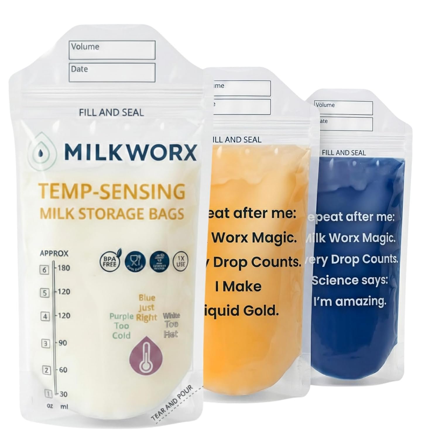 Breast Milk Storage Bags 100 Count – Temp-Sensing Color Indicator, Pre-Sterilized Double Zipper Seal, BPA-Free 6oz Freezer Storage Bags for Breastfeeding Moms