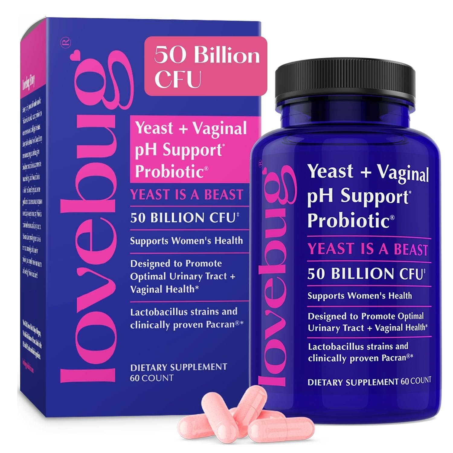 LOVEBUG Yeast + Vaginal pH Support | Clinically Studied Ingredients for Yeast & UTIs | Multi Strain 50 Billion CFU | 60 Capsules