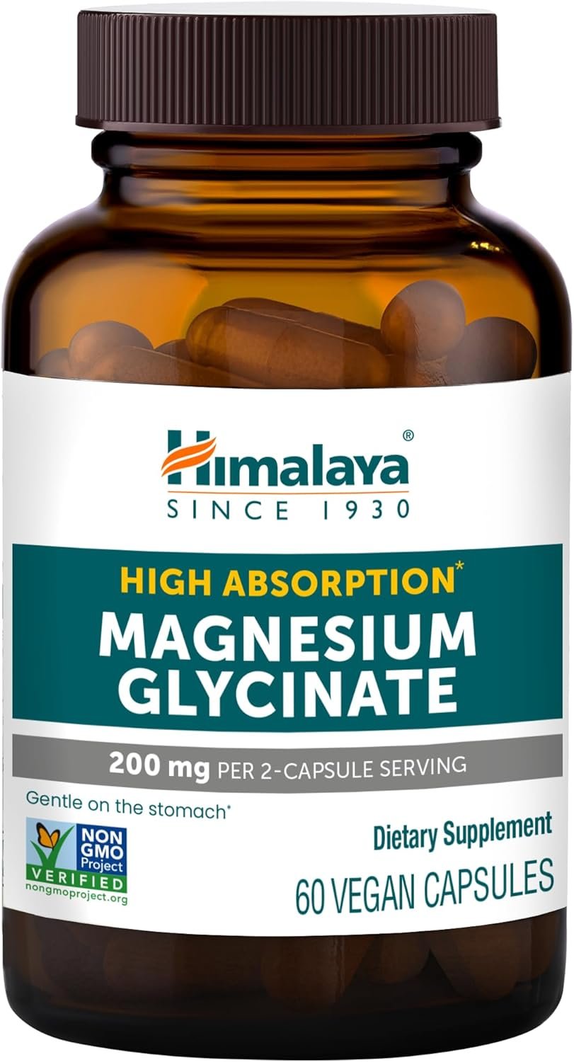 Himalaya Magnesium Glycinate, 60 Vegan Capsules, High Absorption Dietary Supplement for Muscle Function, Bone Health, and Relaxation, Chelated, Non-GMO, Gluten-Free, 200mg per 2 Capsule Serving