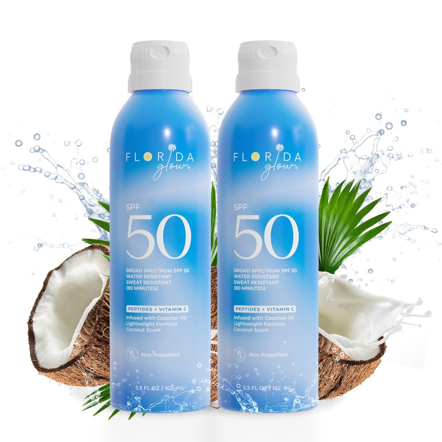 Florida Glow SPF 50 Sunscreen Spray- Hawaii 104 Reef Act & Florida Keys Compliant Broad Spectrum Water Resistant Sport Sun screen – Child Friendly PABA Free & Oxybenzone Free (5.5 Fl Oz 2-pack)