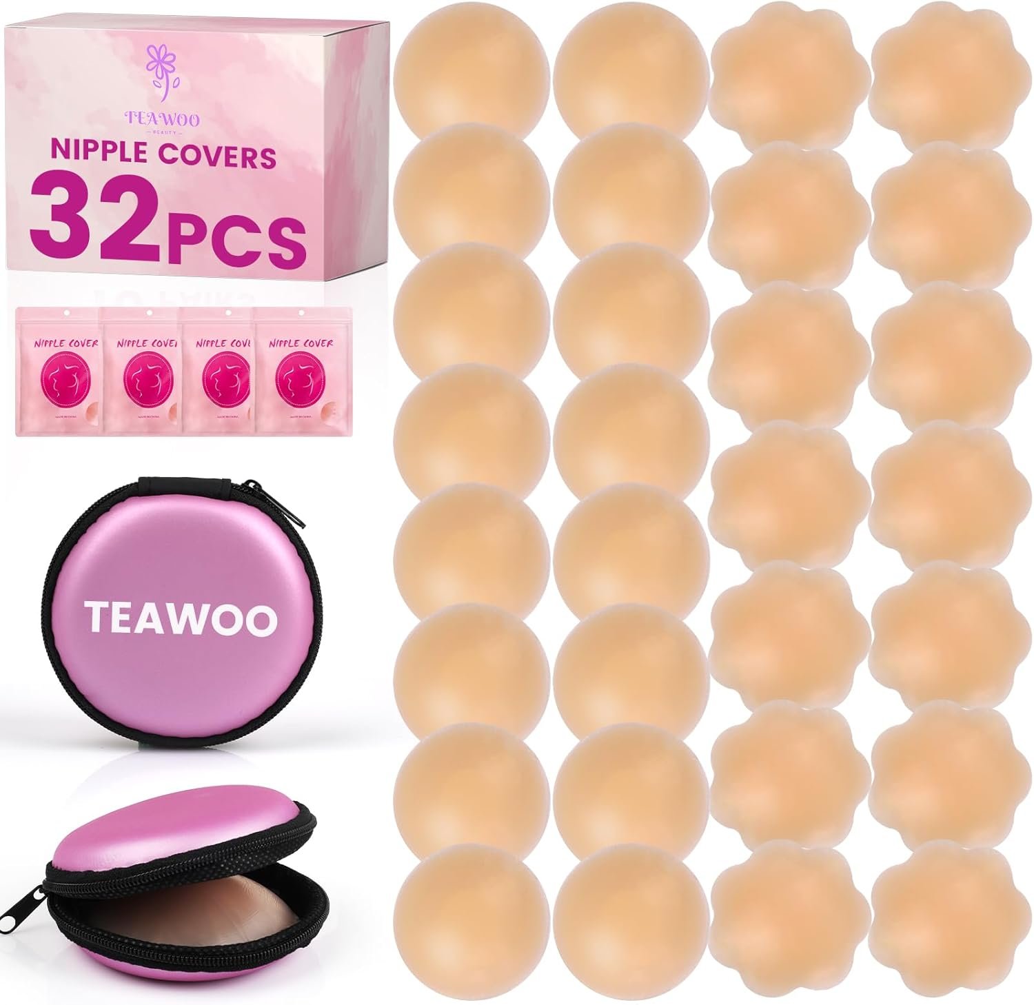 TEAWOO 32 PCS Nipple Covers for Women, Reusable Nipple Coverings, Nipple Pasties, Boob Pasties, Reusable Silicone Adhesive Invisible Pasty Nipple Covers for Women with Travel Box Pink