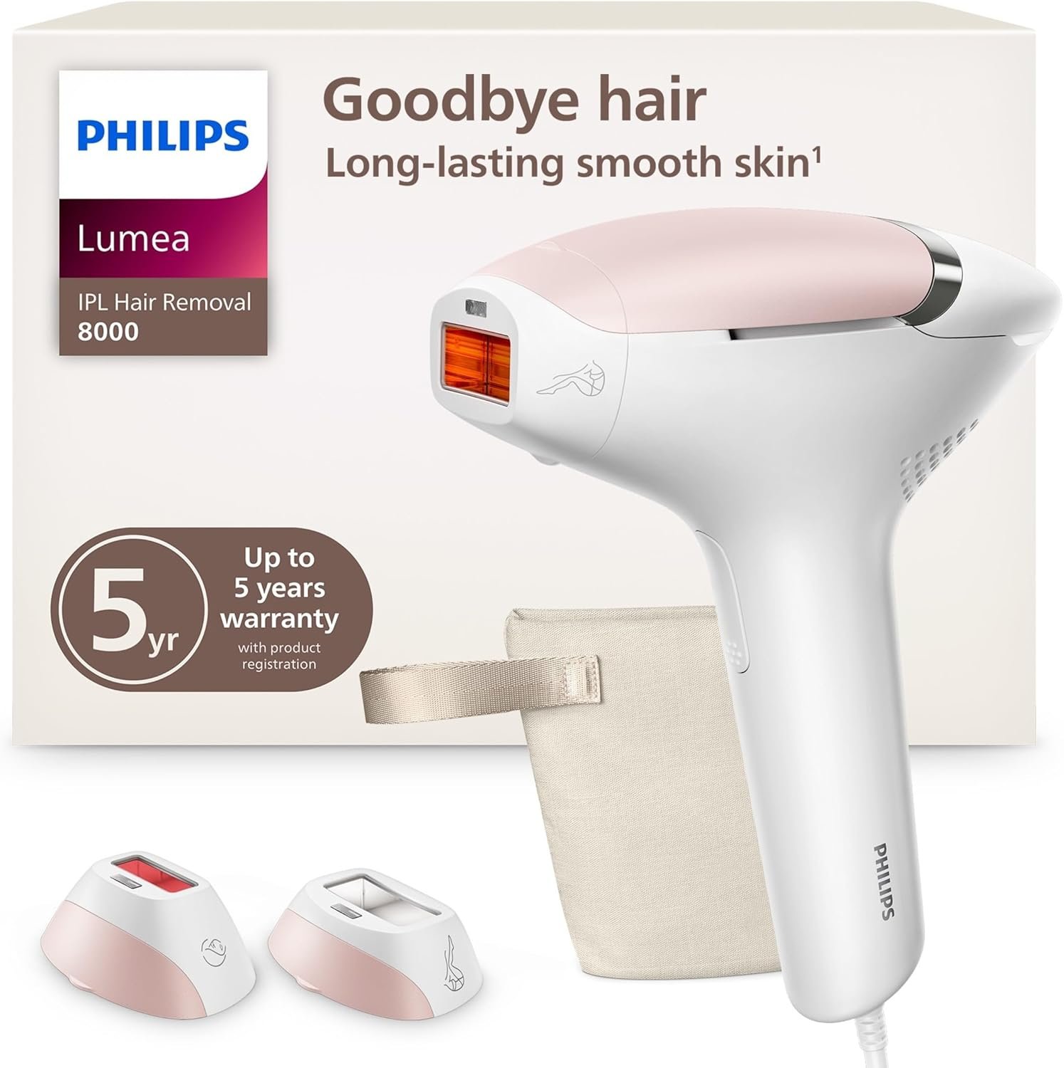 Philips Lumea 8000 Series IPL Hair Removal Device – Permanent Laser Hair Reduction for Women & Men, Easy and Comfortable Use at Home, SenseIQ, 2 Attachments for Body & Face, BRI932/03