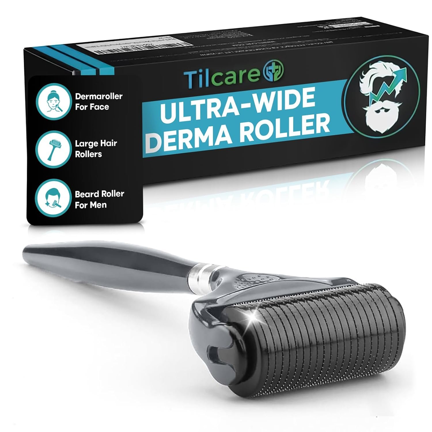 Beard and Hair Ultra Wide Derma Roller (1Pack) by Tilcare – Sterile 1200 Grade A Titanium Microneedles Titanium Derma Roller 0.25mm
