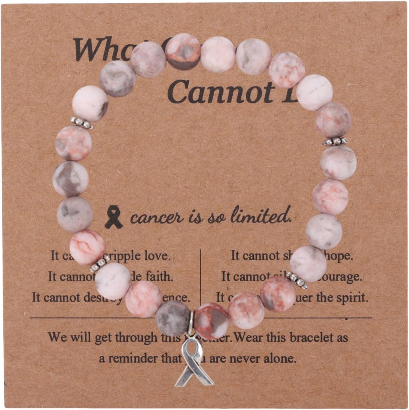 Mikovivi Breast Awareness Bracelets, Natural Stone Inspirational Ribbon Beaded Bracelet with Motivational Card Care Encouragement Gift for Women Friends Family Loved Ones