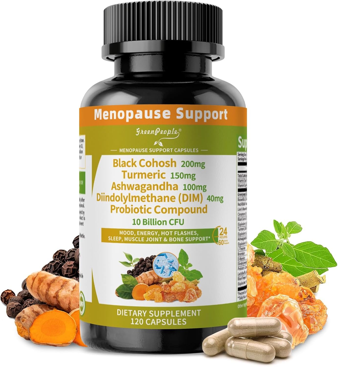 GREENPEOPLE Menopause Supplements for Women – Black Cohosh & Ashwagandha for Hot Flashes, Night Sweats, Mood Swings, Hormonal Balance Support,10 Billion CFU Probiotic – 120 Capsules Vegan Gluten-Free