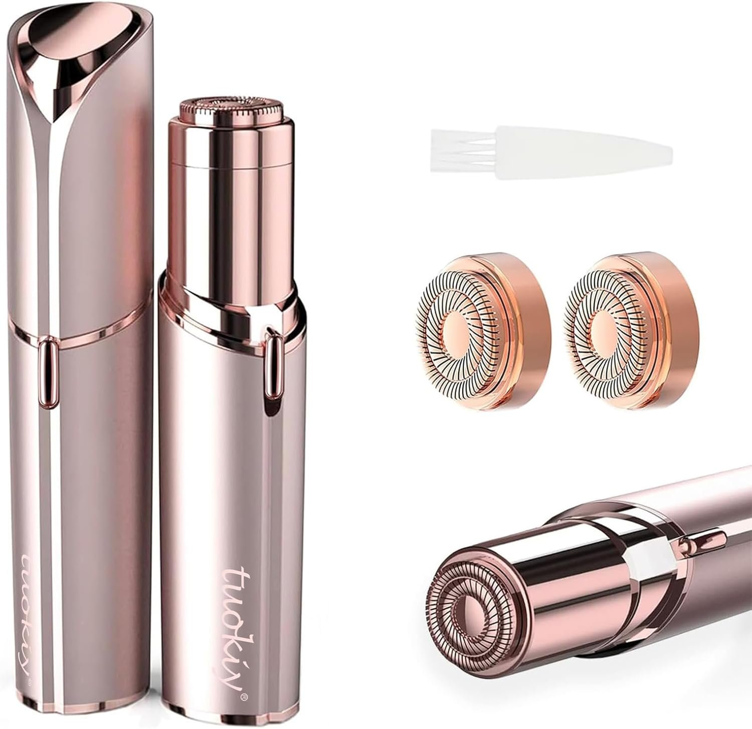 tuokiy Women Facial Hair Remover Device Battery Operated with 2 Replacement Heads,Ladies Face Shaver for Peach Fuzz Upper Lip,Chin, Facial Hair Removal for Women, Rose Gold