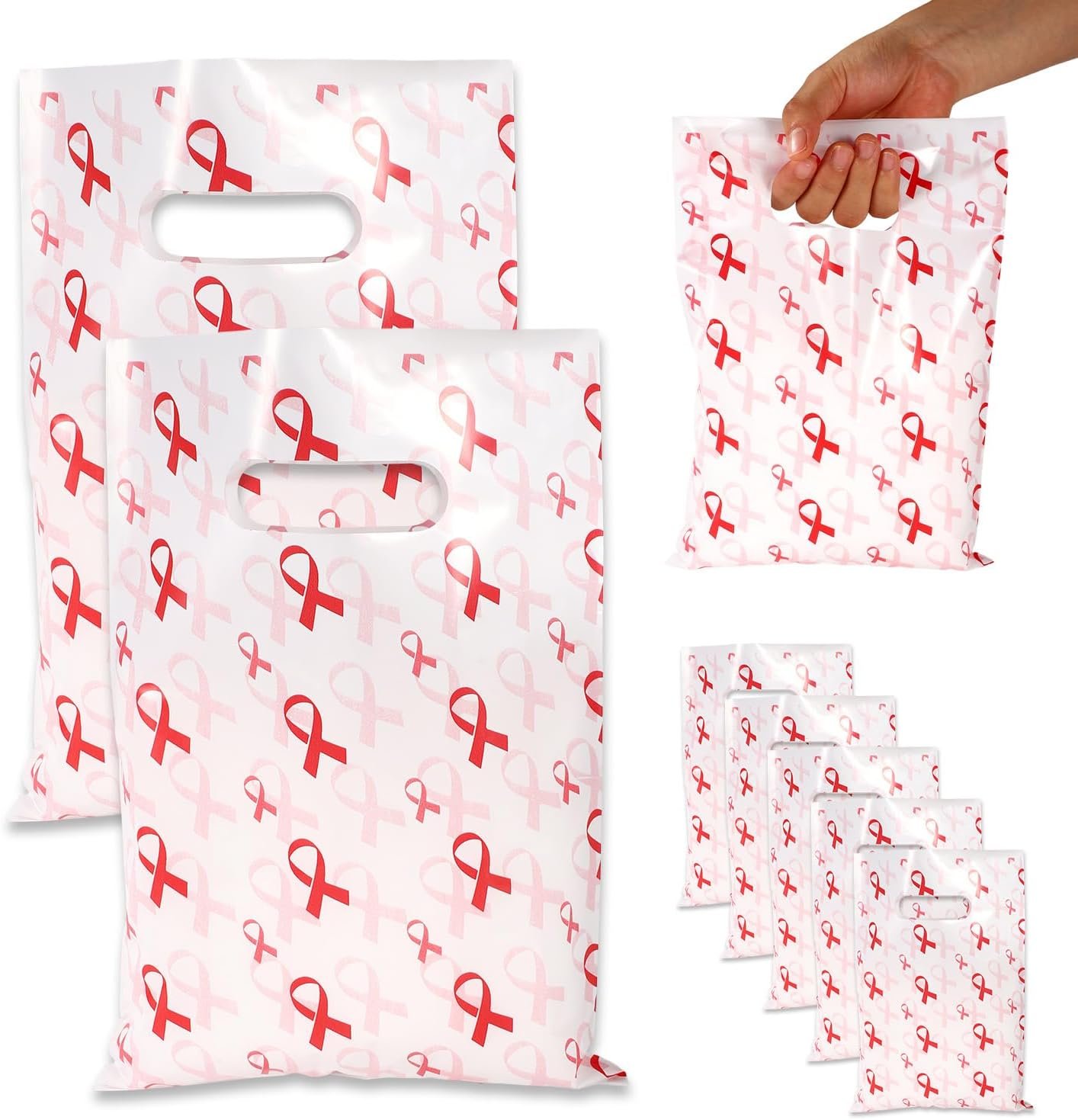 50pcs Breast Health Awareness Gift Bags, Pink Ribbon Party Snack Bags with Handles Breast Problem Awareness Supplies Perfect for Charity Events Survivors & Women