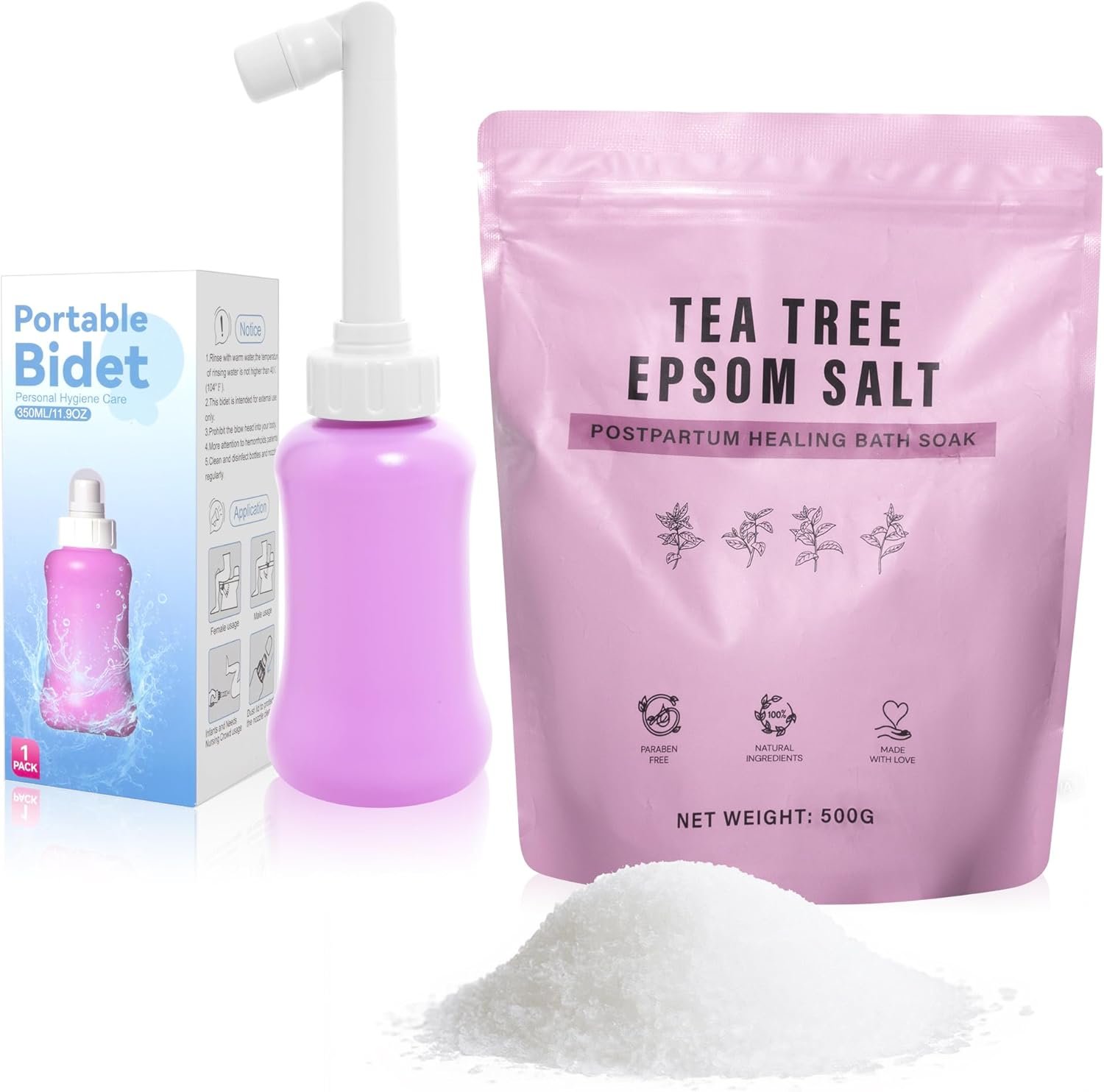 Peri Bottle & Sitz Bath Soak Set for Postpartum Care, Portable Bidet and Bath Salts for Perineal Cleansing