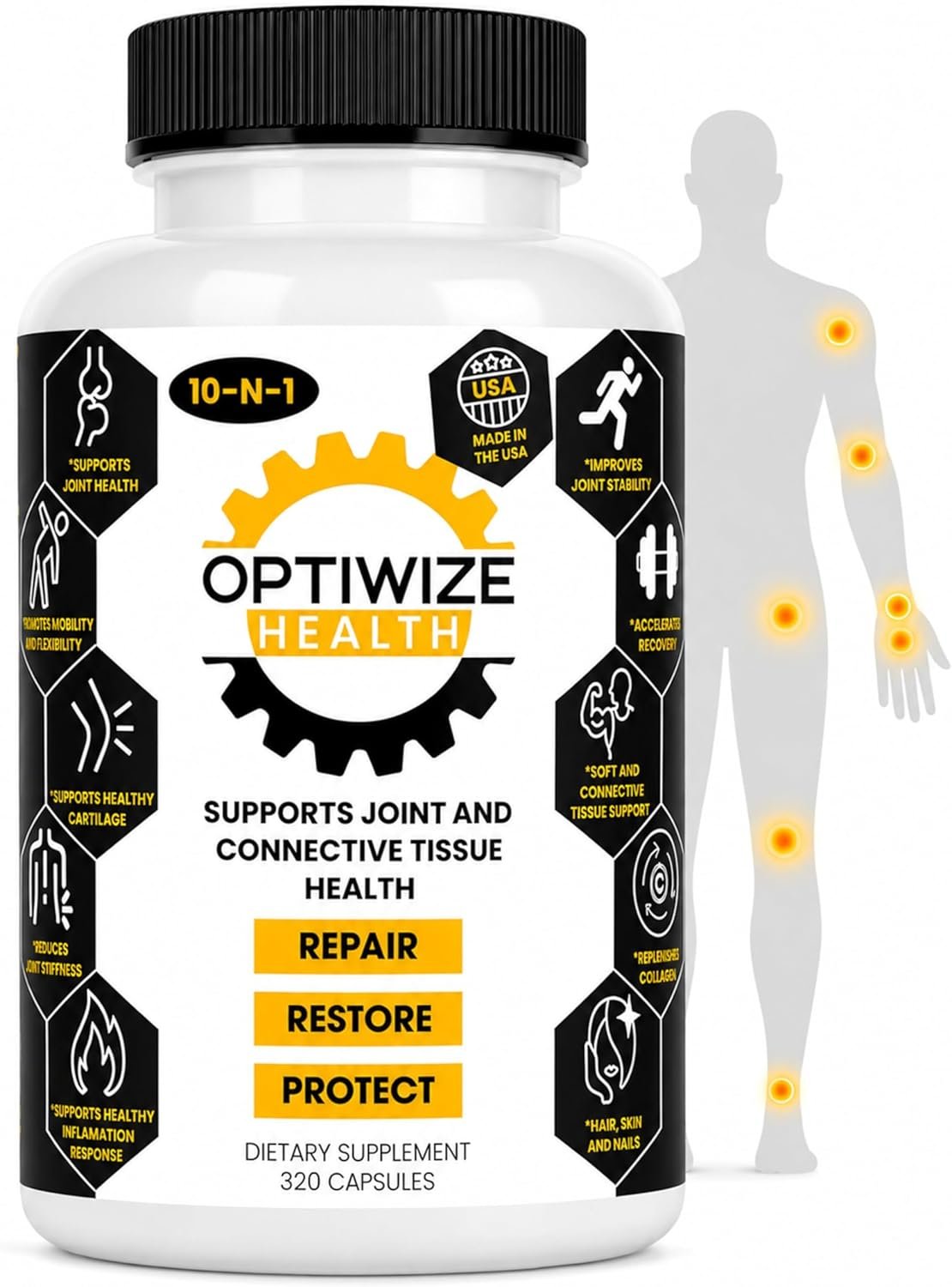 OptiWize 10-N-1 Joint Support Hydrolyzed Collagen,MSM, Hyaluronic Acid, Glucosamine,Chondroitin & More- Targets Joint Discomfort, Improves Mobility & Flexibility 320 Caps for Men & Women Made in USA