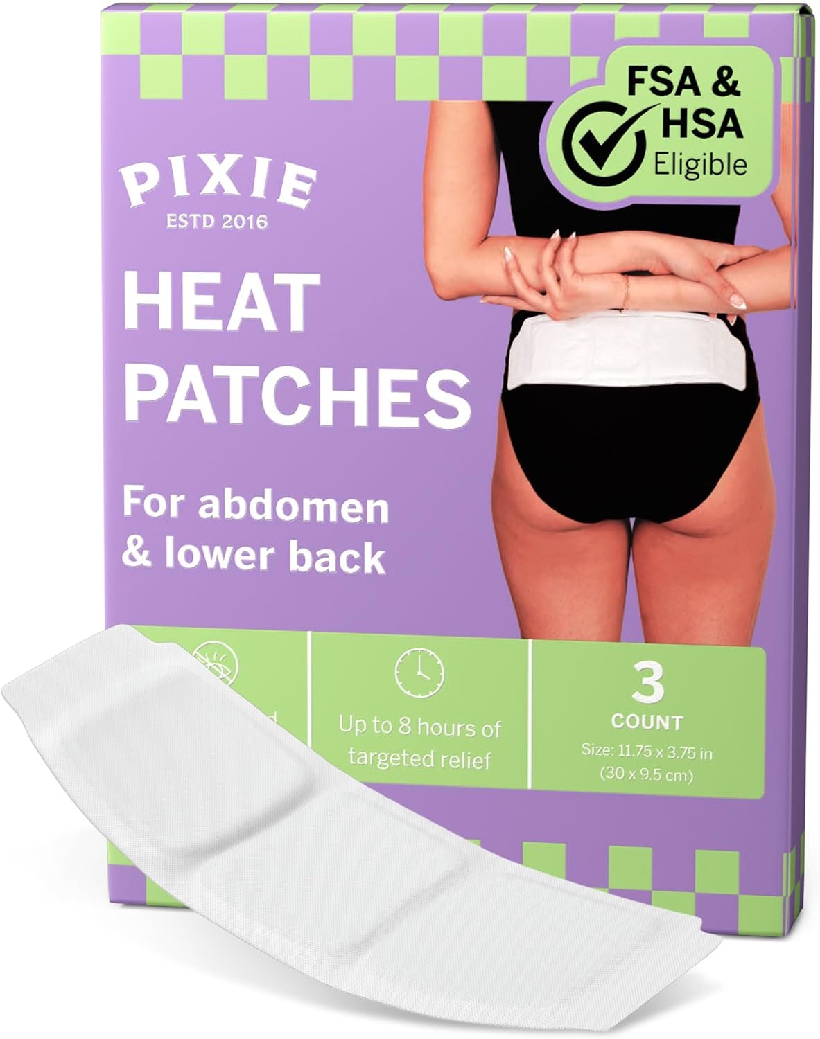 Pixie Large Period Cramps Menstrual Pain Relief Heat Patches for Feminine Care – Lower Abdominal & Back Ache Therapy – Up to 8 Hours – 3 Count Discreet Disposable Heat Pads
