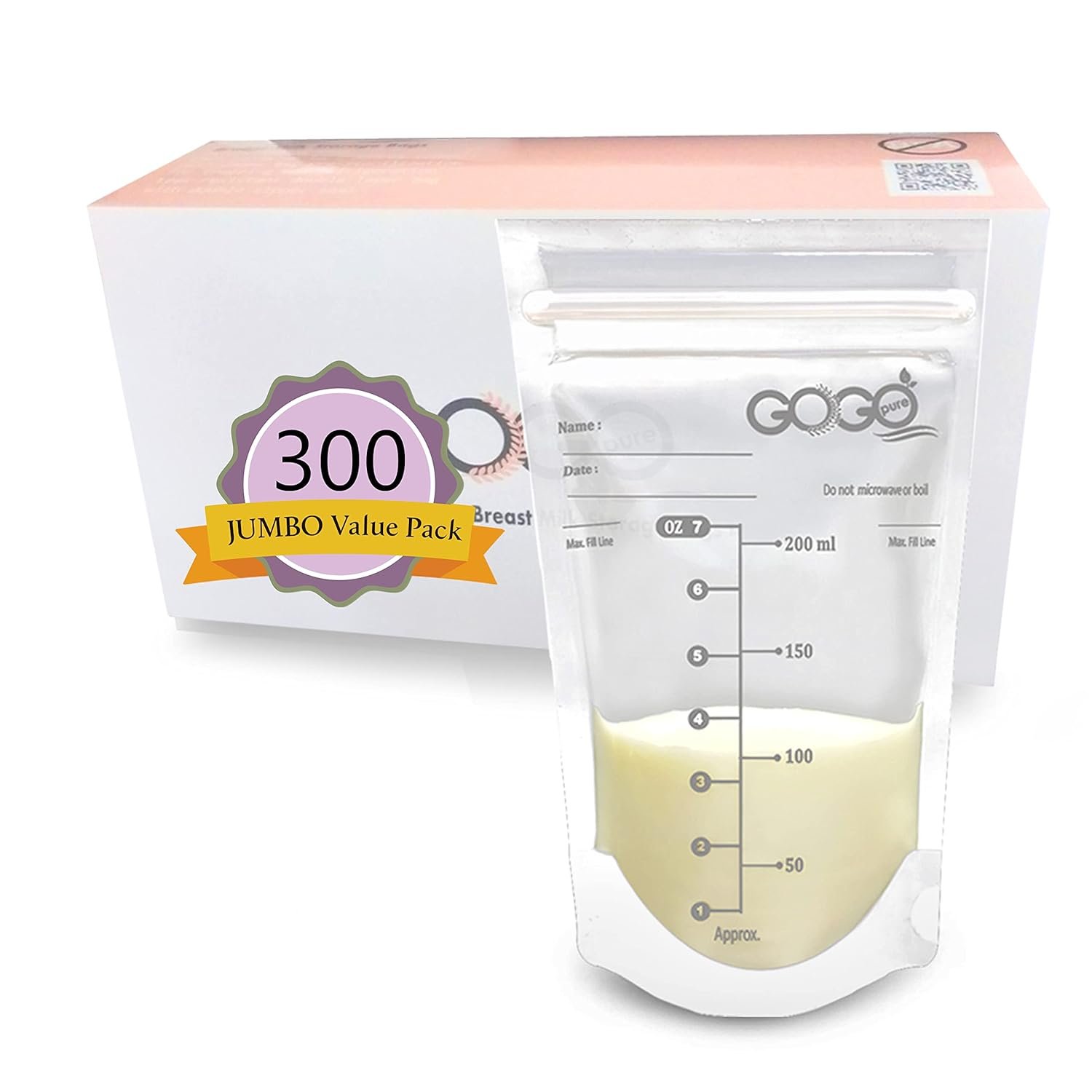 300 Count JUMBO Pack Breastfeeding Breastmilk Storage Bags – 7 OZ, EACH PRE-STERILIZED By Gamma Ray, BPA Free, Leak Proof Storing Double Zipper Seal, Self Standing, for Refrigeration and Freezing