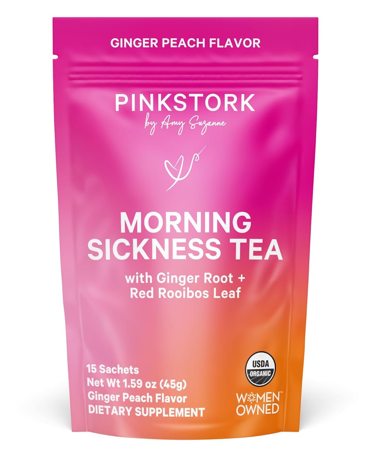 Pink Stork Organic Morning Sickness Pregnancy Tea – Hot or Iced Tea – Prenatal Heartburn, Indigestion, and Constipation Support – 1st Trimester Pregnancy Must Haves – Ginger Peach, 15 Sachets