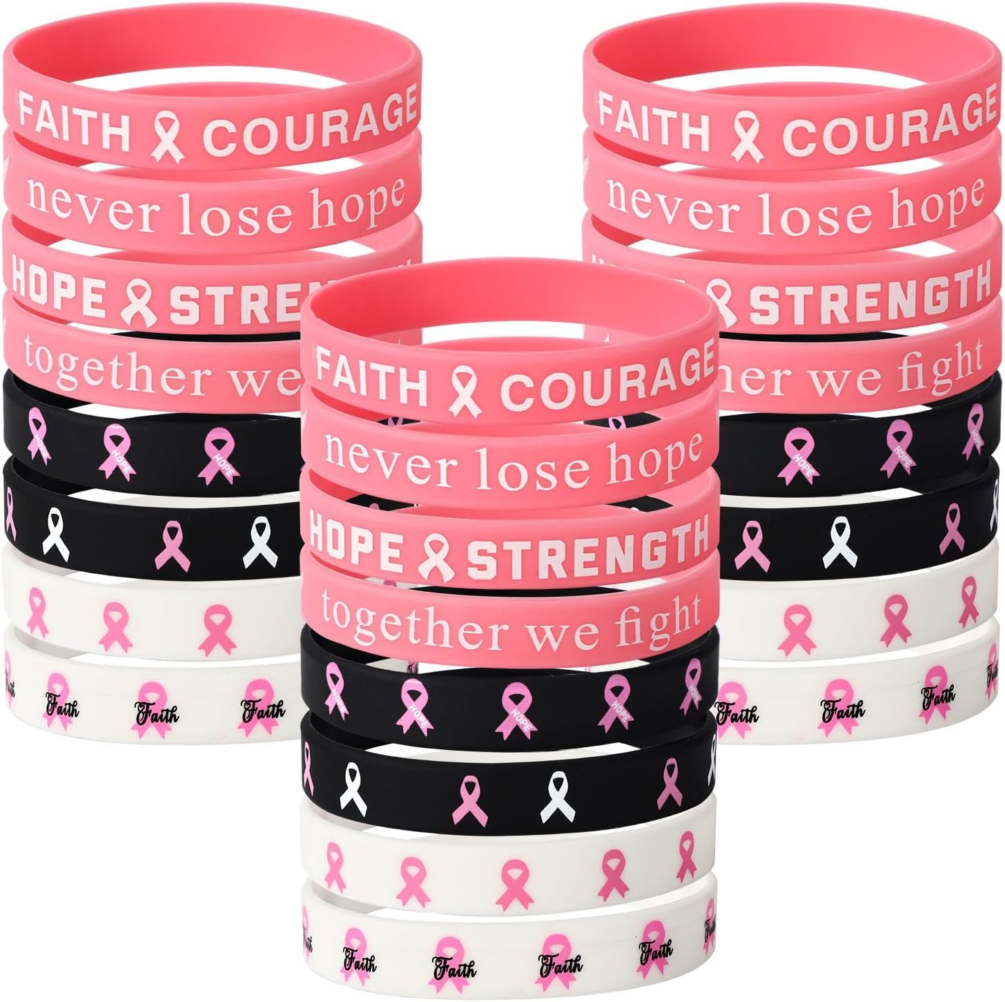 Lyreh Breast Awareness Bracelets, 8 Style Stretchable Silicone Pink Ribbon Wristbands Hope Faith Strength Courage Inspiring Wristband for Women Charity Social Welfare Event Supply
