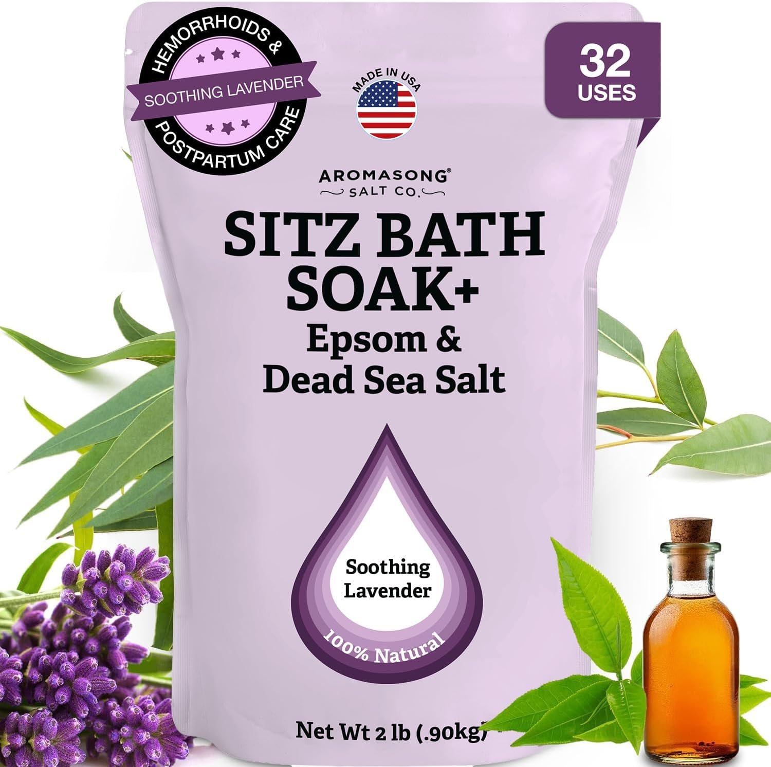 Aromasong Sitz Bath Soak 2lb – Sitz Bath Salt for Hemorrhoid & Postpartum Care – Dead Sea & Epsom Salt Soak with Lavender, Chamomile & Tea Tree – Natural Sitz Bath Salts – Made in USA