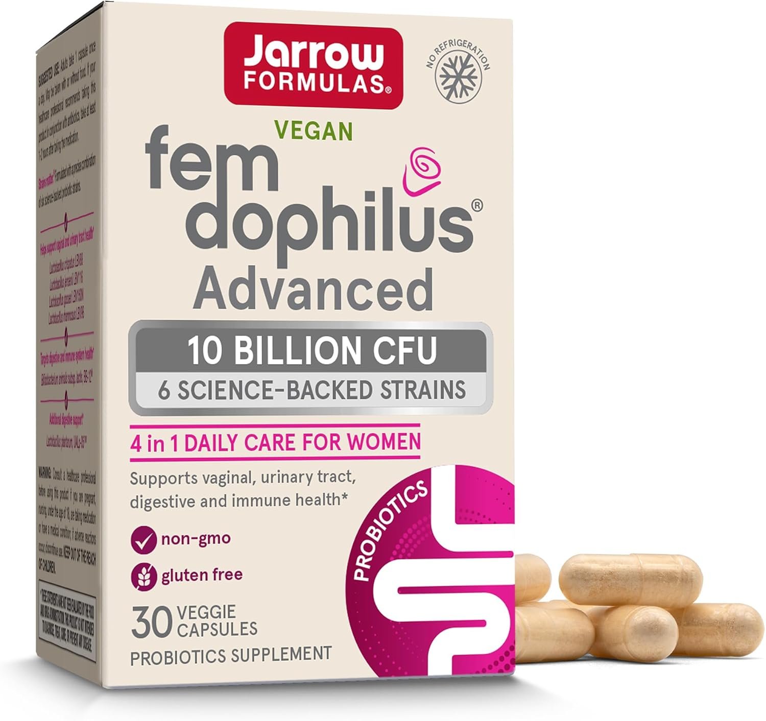 Jarrow Formulas Fem-Dophilus Advanced Vaginal & Digestive Probiotics 10 Billion CFU with 6 Science Backed Strains, for Vaginal, Urinary Tract, Digestive & Immune Support, 30 Capsules, Shelf-Stable