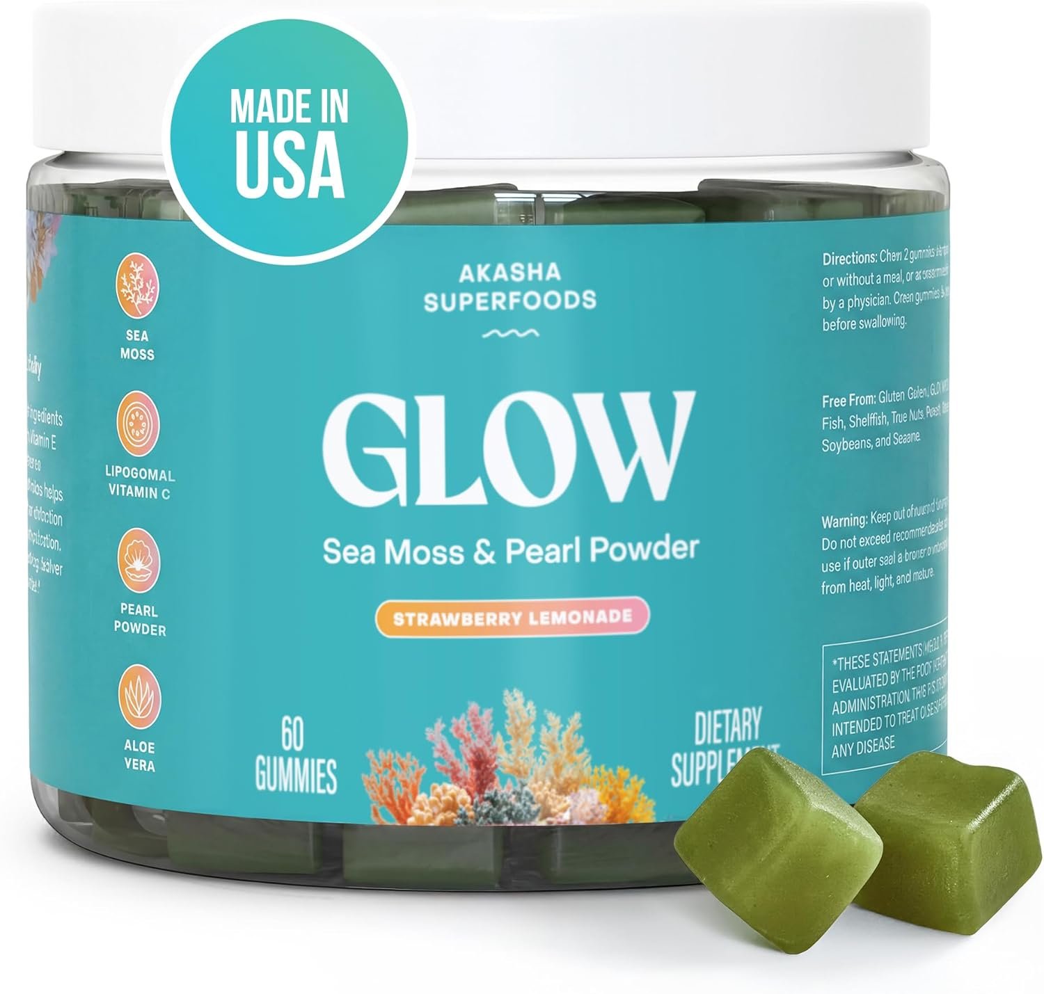 Akasha Superfoods Sea Moss Glow Gummies, Hair, Skin & Nails Vitamins with Seamoss, Pearl Powder, Vitamin E, Aloe Vera, Liposomal Vitamin C, and Irish Sea Moss, Gummies for Women & Men, 60 Count