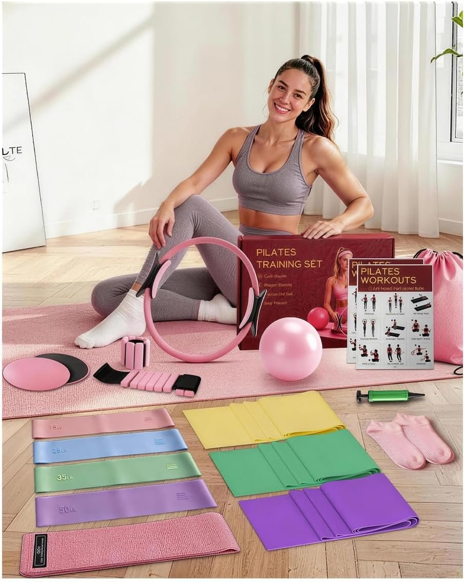 15-in-1 Pilates Kit for Women – Personalized Pilates Coaching & Custom Workout Plan, Home Workout Set with Resistance Bands, Ankle Weights, Pilates Ring & Core Sliders for Full Body Sculpting