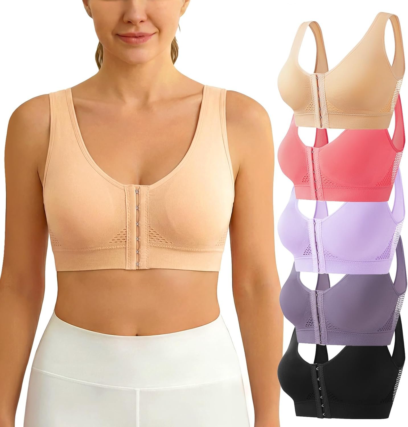 5-Pack Front Closure Bras Set Breathable Mastectomy Post Surgery Wireless Mesh Bra for Women