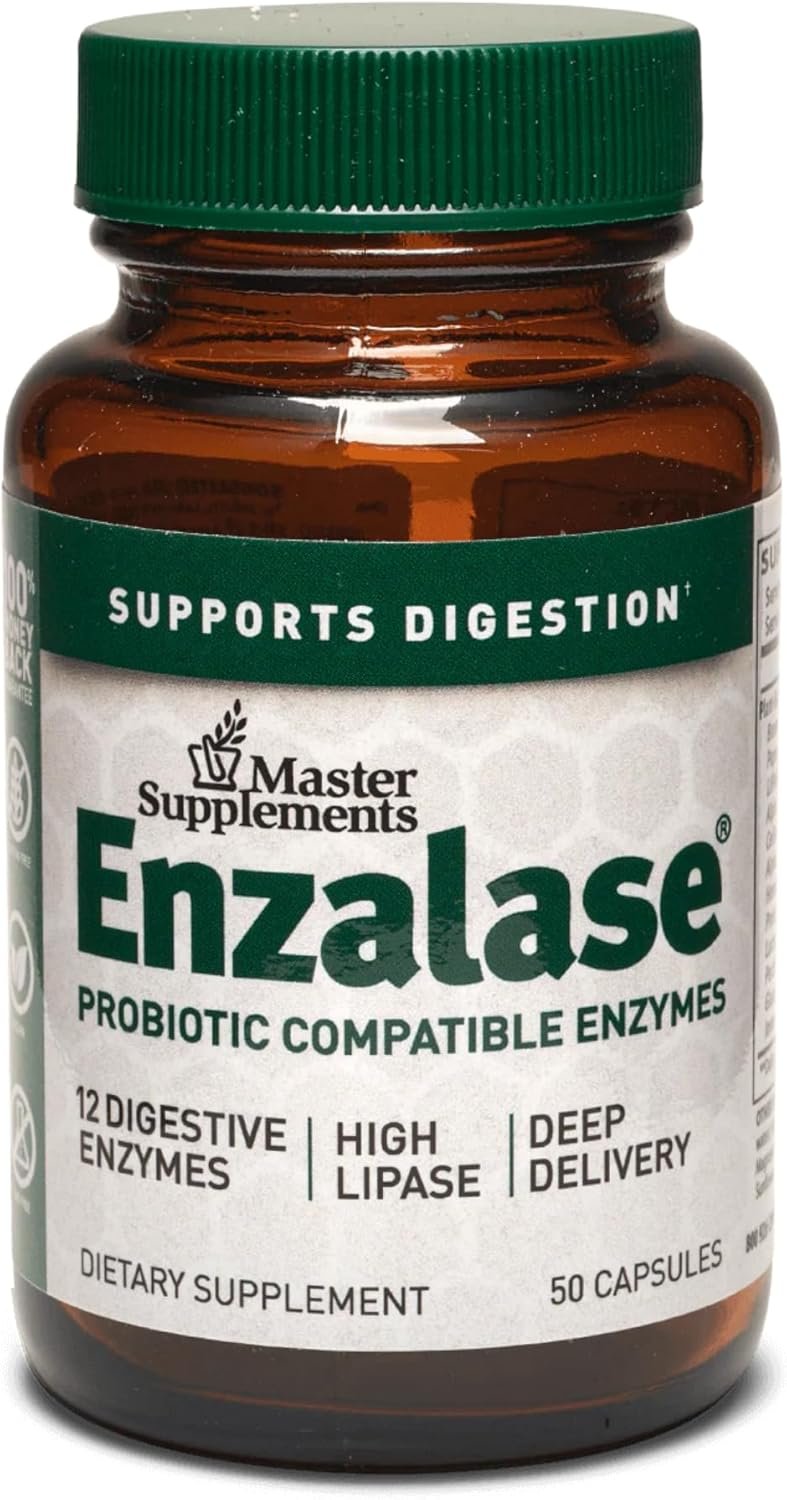 Master Supplements Enzalase – 50 Capsules – Probiotic Compatible Enzymes – Provides Digestive Boost + Gas & Bloating Relief – Gluten Free – 50 Servings