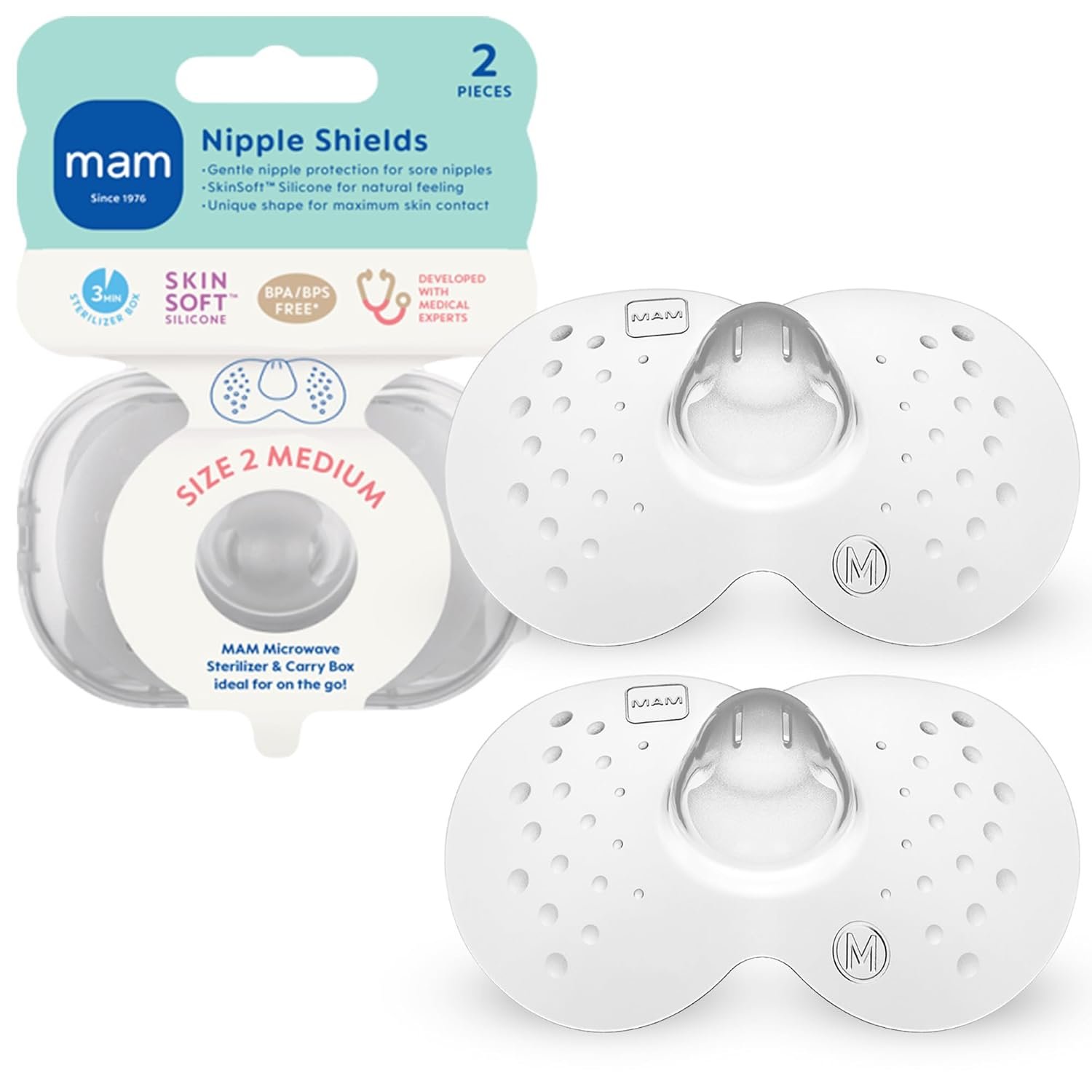 MAM Nipple Shields for Breastfeeding Medium 20mm – Ultra Thin Silicone Shield for Latch Assist, Protects Sore or Flat Nipples, SkinSoft Surface, Sterilizing Case Included, BPA Free (2 Pack)