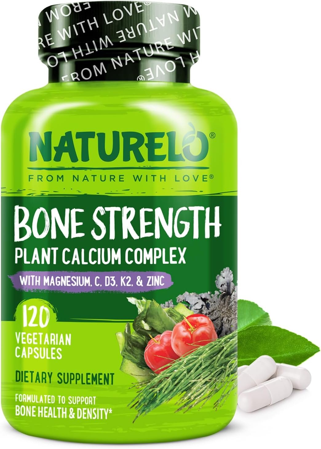 NATURELO Calcium Supplement – with Vitamin C, Vitamin D3, K2, and Calcium Magnesium Zinc for Bone Strength with Calcium 600mg – Plant-Based, 120 Vegetarian Capsules, Non-GMO, Soy & Gluten-Free