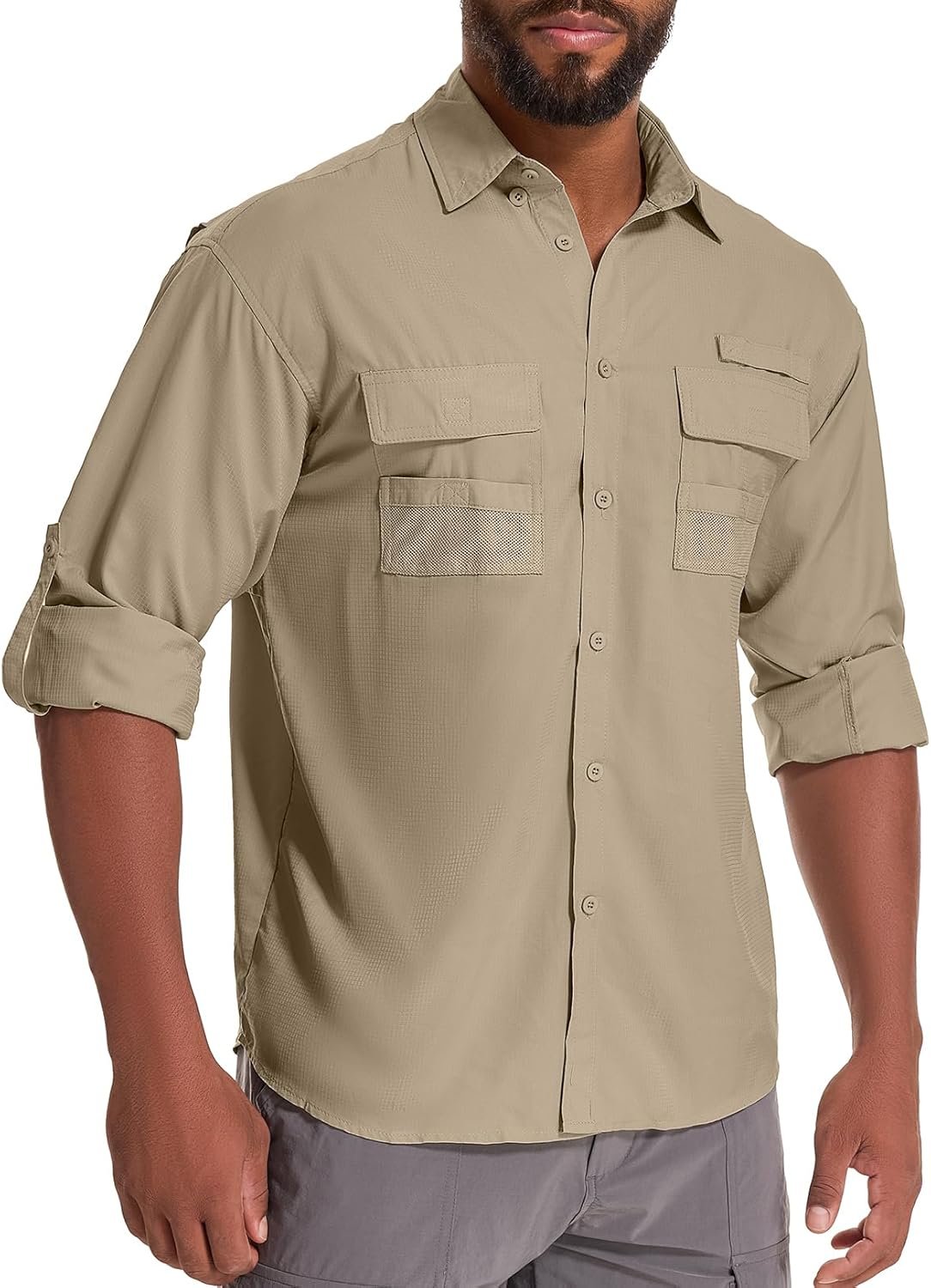 Men’s Sun Protection Fishing Shirts Long Sleeve Safari Shirts UPF 50 UV Quick Dry Cooling Travel Work Shirts