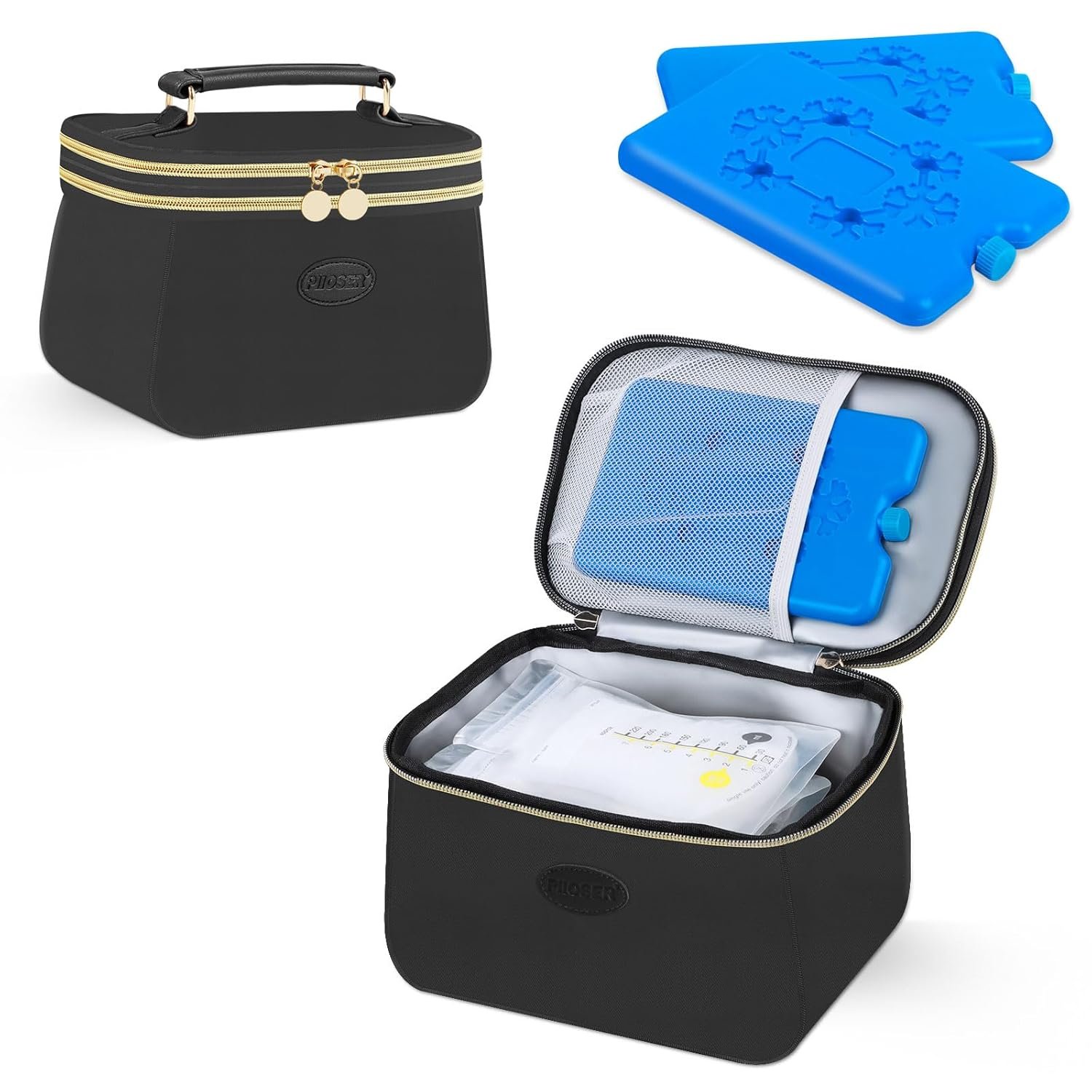 PIIOSER Breast Milk Cooler Travel Bag with 2 Ice Pack, Fits 6 Freezer Breastmilk Storage Bags Up to 8Oz, Small Insulated Breastmilk Storage Cooler Bag for Breastfeeding Moms Daycare, Black