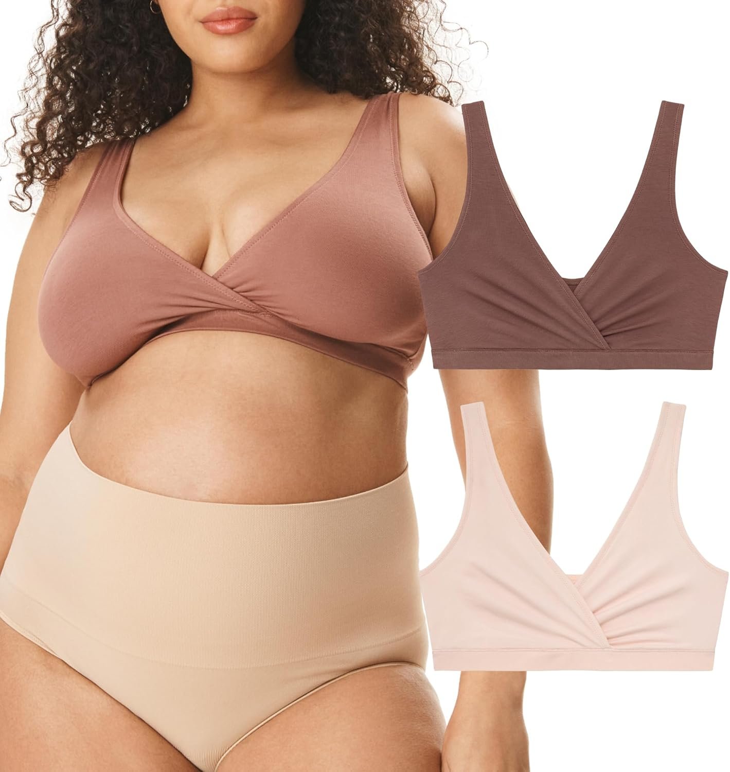 Motherhood Maternity Nursing Bras, Women’s Cotton Spandex Wrap Front Sleep Bra, Bralette for Breastfeeding & Pumping, Porcelain Pink/Nutmeg, 2-Pack, Large