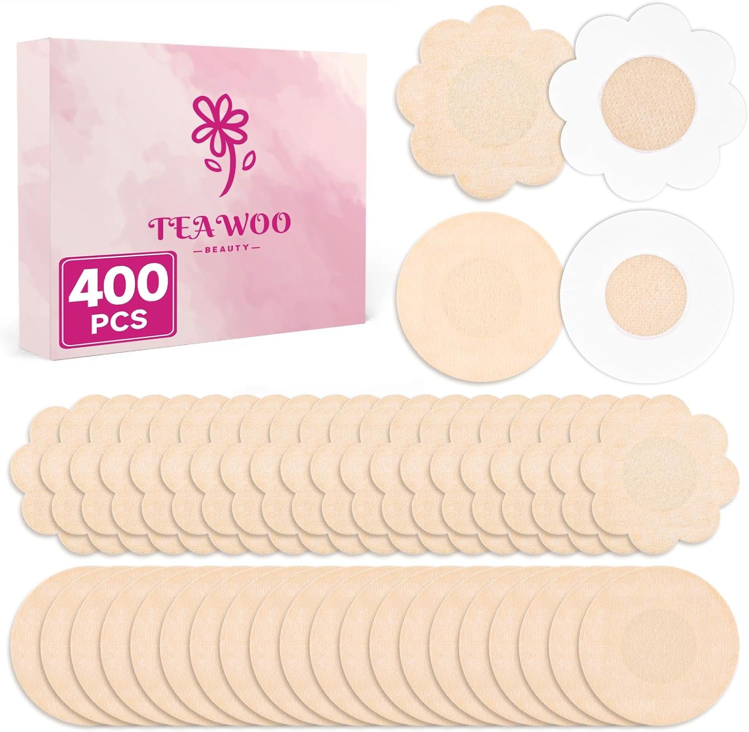 TEAWOO 400P Disposable Nipple Covers, 200 Petal + 200 Round Breathable Non-Woven Pasties for Women, Hypoallergenic, No Show, Self-Adhesive Beige