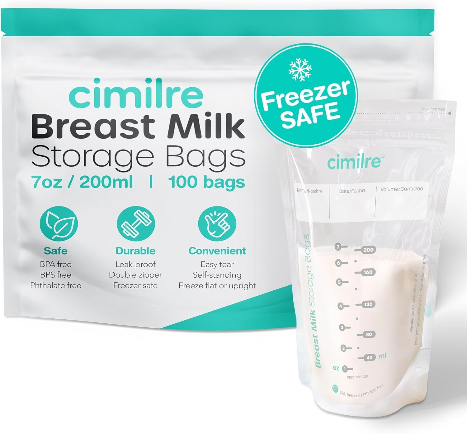 Breast Milk Storage Bags by Cimilre, Leak-Proof Breastmilk Storage Bags, Freeze Flat or Standing, 7 oz. Bags (100 Pack)