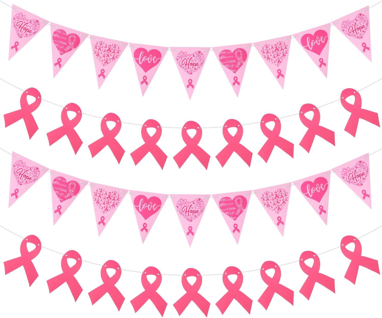 4pcs Breast Awareness Banner, Pink Ribbon & Pennant Garland Breast Awareness Backdrop Decorations for Hope Strength Courage Faith Women Party Supplies