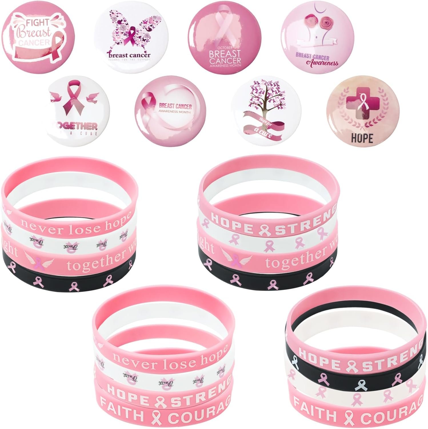 24-Piece Awareness Ribbon Bracelets and Pins Set, Ribbon Awareness Gift for Women, Bulk Buttons Badge and Bracelet for Party Event Favors Decor Accessories (16 Silicon Bracelets and 8 Alloy Pins)