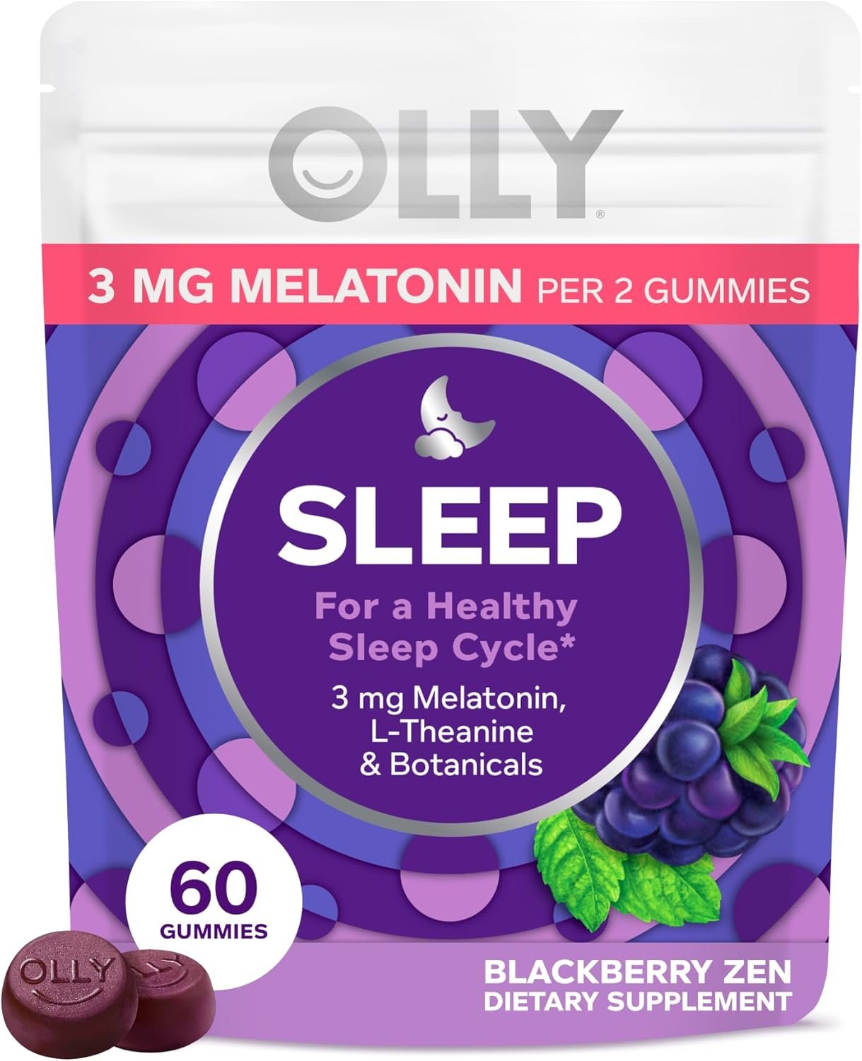 OLLY Sleep Gummy, 3 mg Melatonin, L-Theanine, Chamomile, and Lemon Balm Extracts, Blackberry Flavor, 30 Day Supply – 60 Count