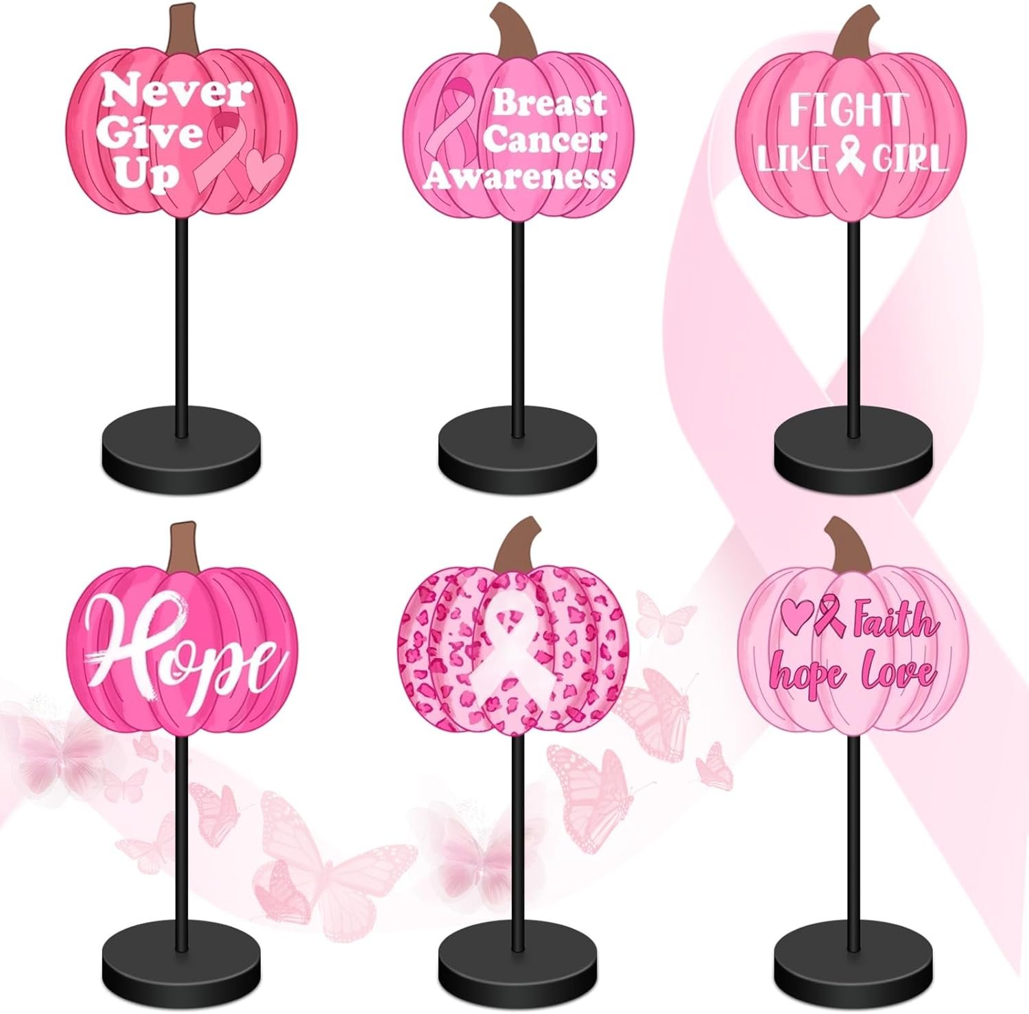 Silkfly 6Pcs Breast Cancer Awareness Wooden Table Centerpiece Breast Cancer Table Topper Decoration Pink Pumpkins Ribbon Wooden Decoration for Women Support Groups Fundraisers Charity Party Supplies
