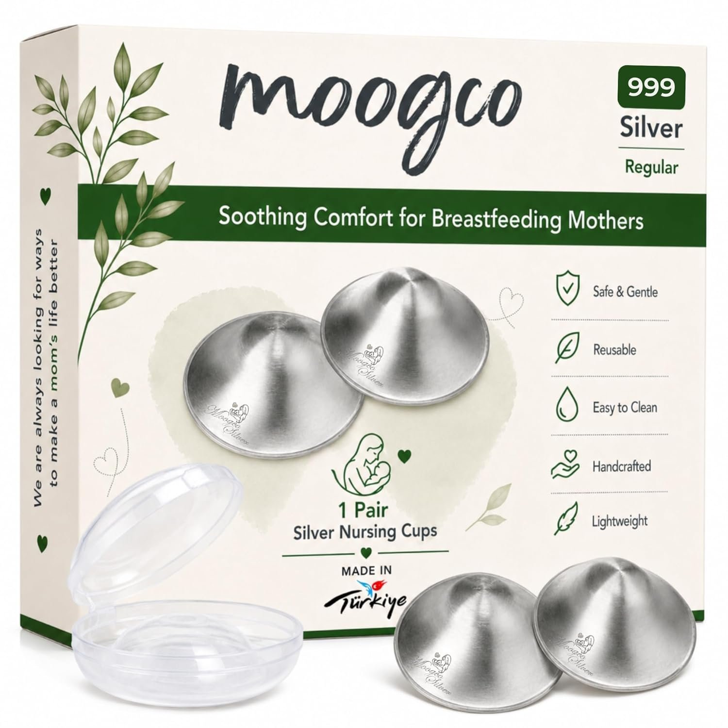 MOOGCO The Original Silver Nursing Cups – Nipple Shields for Breastfeeding Newborn – Breastfeeding Essentials – 999k Tri-Laminate Silver Nipple Covers (Regular Size, Set of 2)