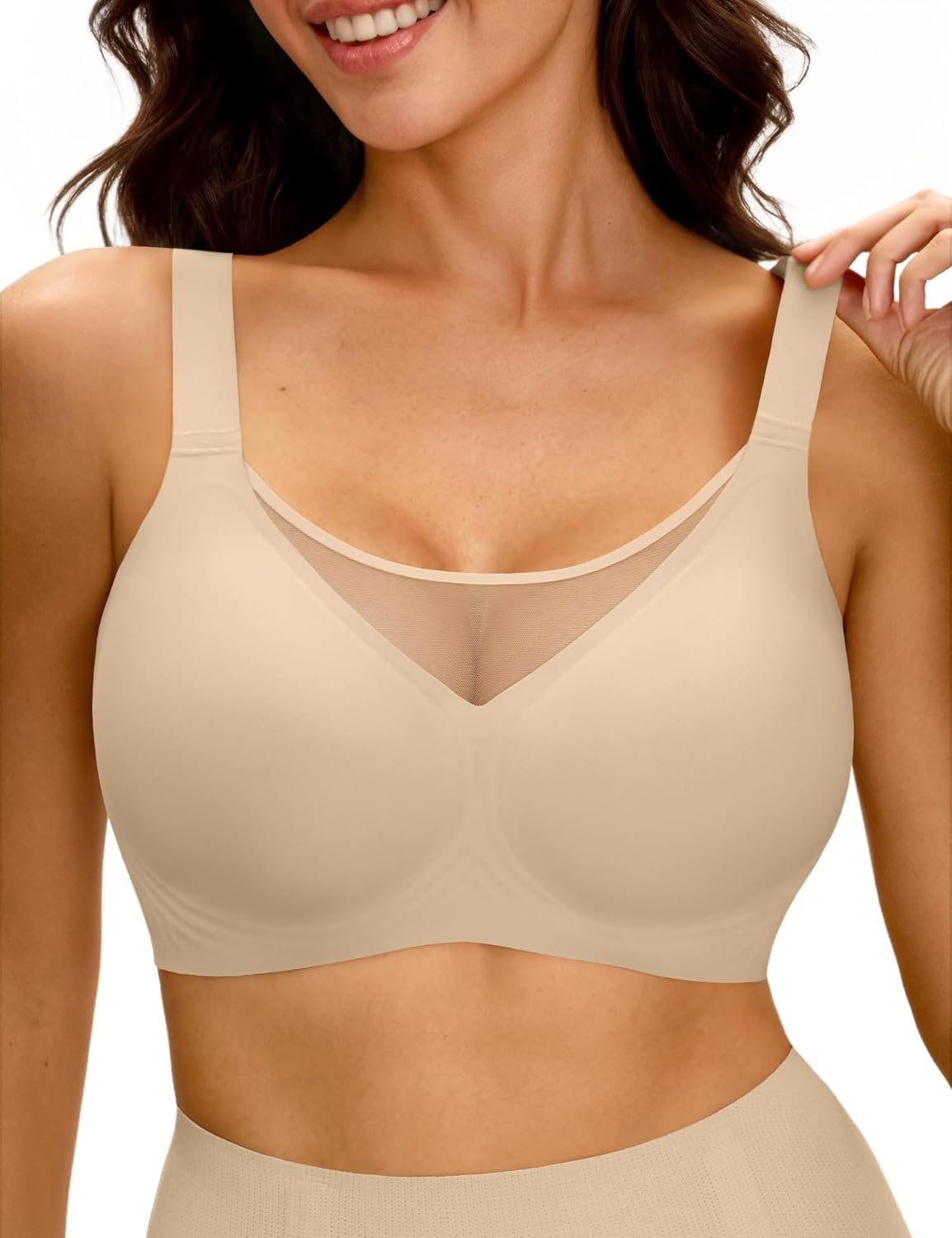LUCKMEEY Jelly Bras for Women No Underwire Wireless Bras Removable Wide Straps (U/Cross) Push Up Mesh Seamless T-Shirt Bra