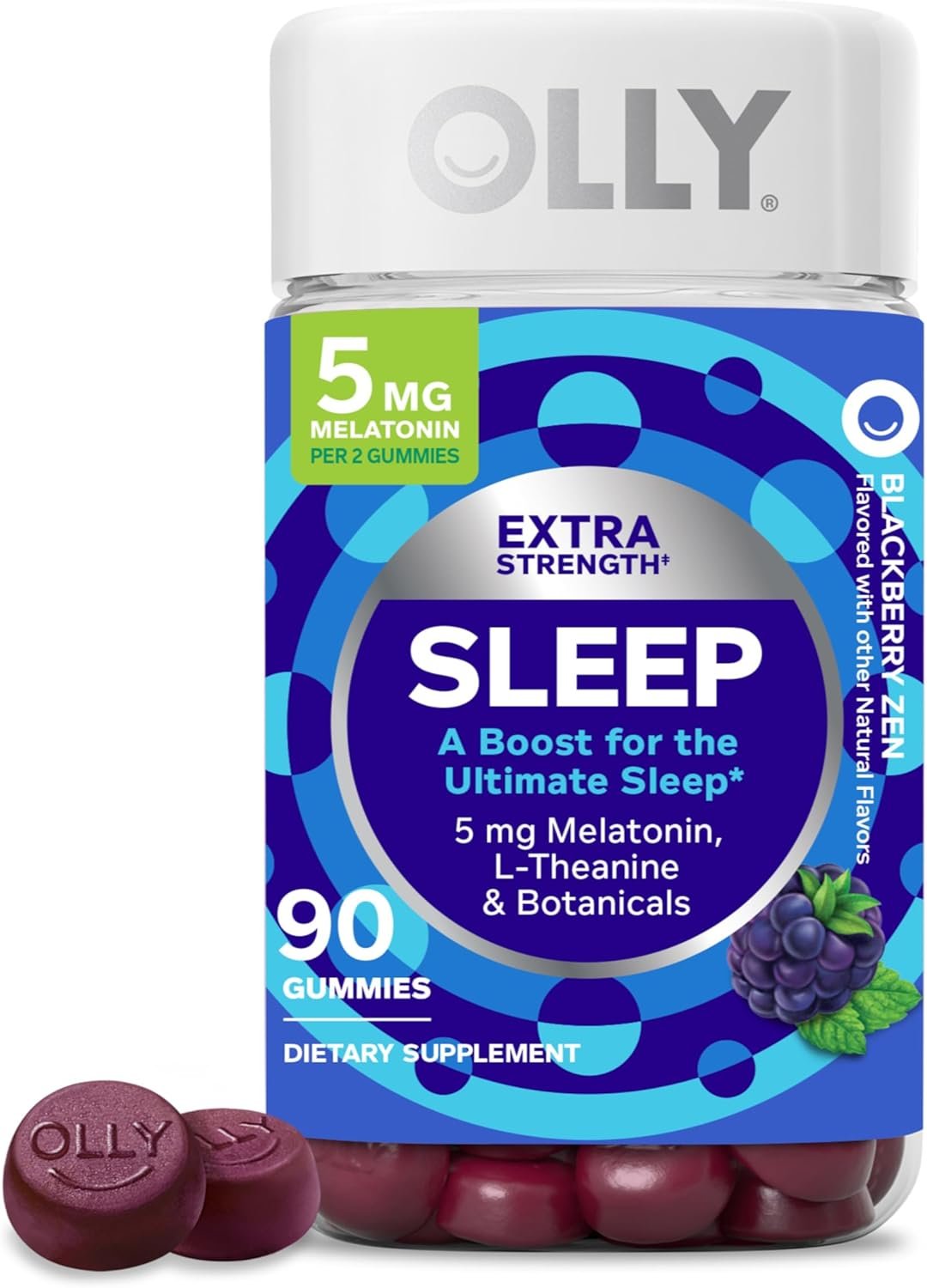 OLLY Extra Strength Sleep Gummy 5 mg Melatonin, L-Theanine, Chamomile, Lemon Balm Extracts, Sleep Aid, BlackBerry Flavor – 90 Count