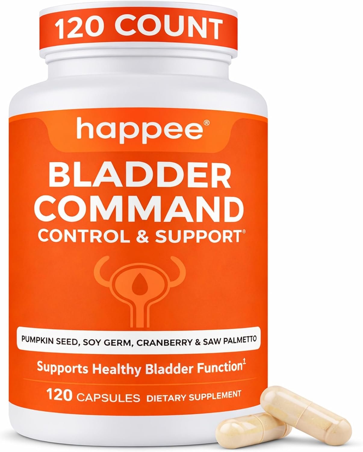 Happee Bladder Control Supplement for Women & Men – 120 Capsules with Pumpkin Seed Extract, Soy Germ Extract, Saw Palmetto & Cranberry | 4-in-1 Bladder Support for Urinary Frequency, Leaks & Urgency
