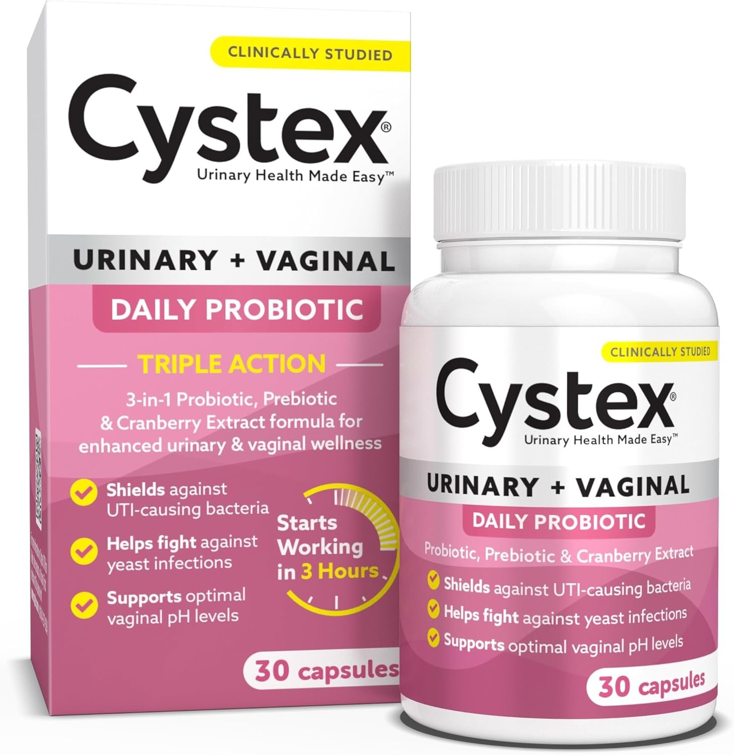 Cystex 3-in-1 Urinary Tract Probiotic for Women – Prebiotic, Probiotic & Cranberry Supplement for UTI & Yeast Infection Support – Vaginal pH Balance & Flora Support – Urinary Health – 30 Capsules