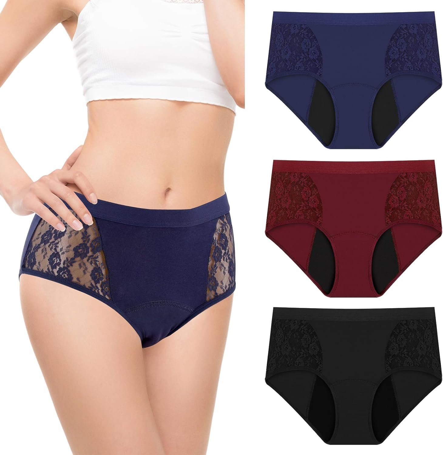 TUXIYA 3 Pack Incontinence Underwear for Women, Leak Proof Underwear for Women Washable & Reusable for Leakage Protective Panties(Large,Black/Red/Blue)
