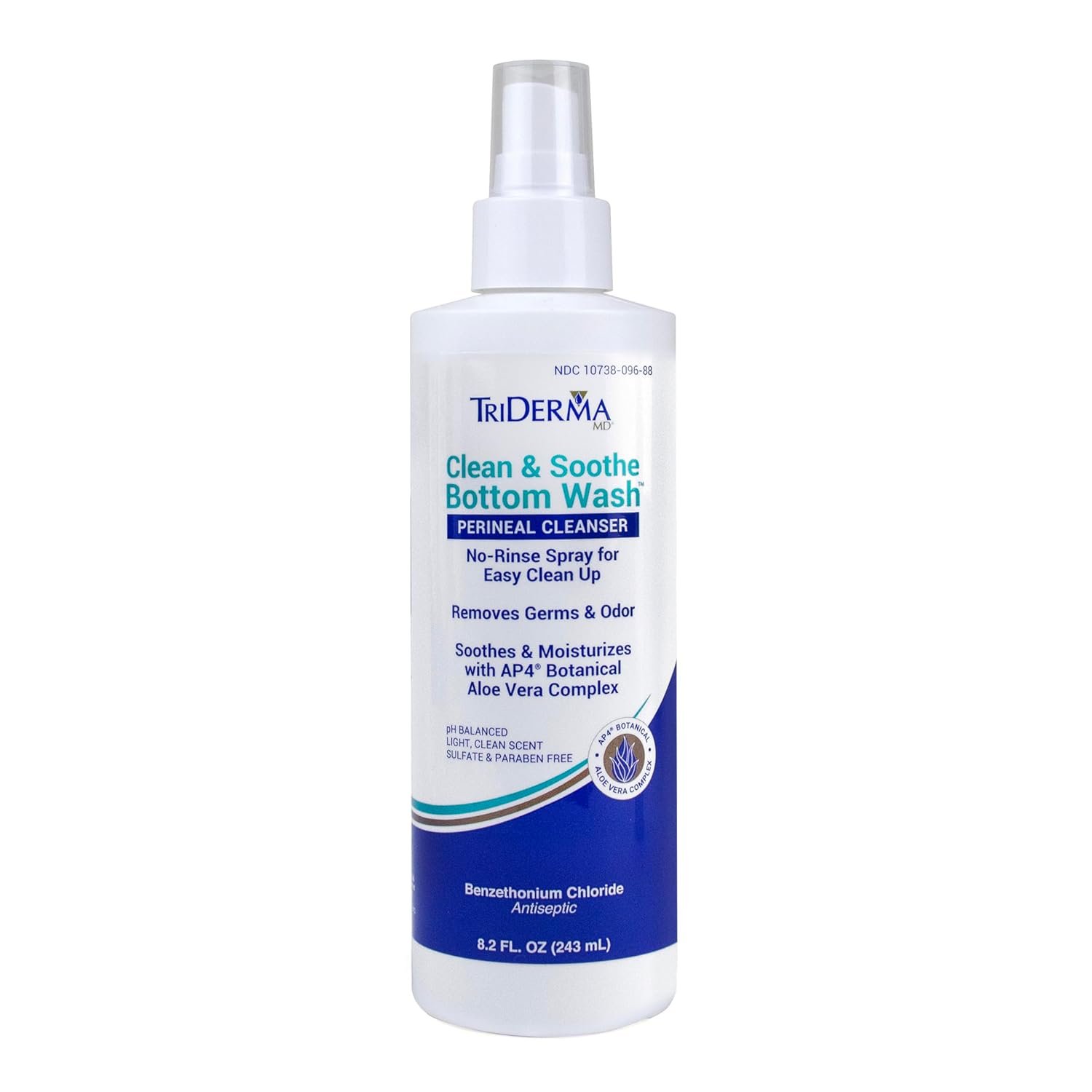TriDerma Clean & Soothe Bottom Wash Perineal Cleanser for Incontinence Care, Diaper Rash, Post-Partum Care, Full Body No-Rinse Cleanser, 8.2 fl oz
