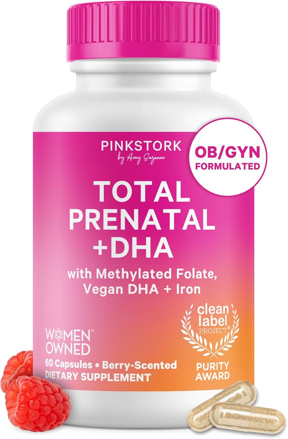 Pink Stork Total Prenatal Vitamins | Vegan DHA, Methylfolate, Iron, Choline, Vitamin B12 | No Fishy Burps | Support Fetal Development | Pregnancy Essentials | Clean Label Award | 60 Capsules, Berry
