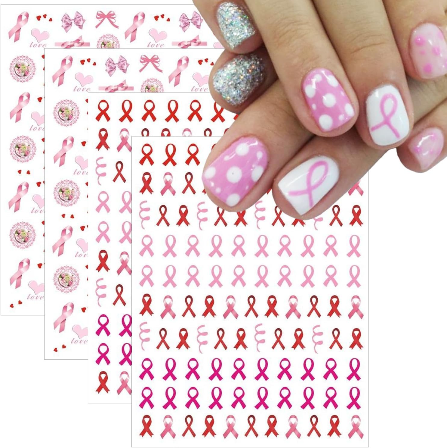 Breast Cancer Nail Stickers 3D Self-Adhesive Pink Ribbon Nail Decals Love Heart Letter Bow Pink Ribbon Design Pegatinas Uñas Breast Cancer Awareness Nail Art Stickers for Women DIY Manicure Supplies