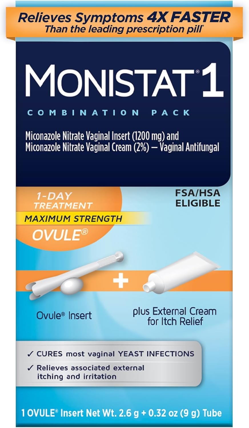 Monistat 1-Day Yeast Infection Treatment for Women, 1 Miconazole Ovule Insert & External Itch Relief Cream (9g Tube) Combo Pack, Maximum Strength