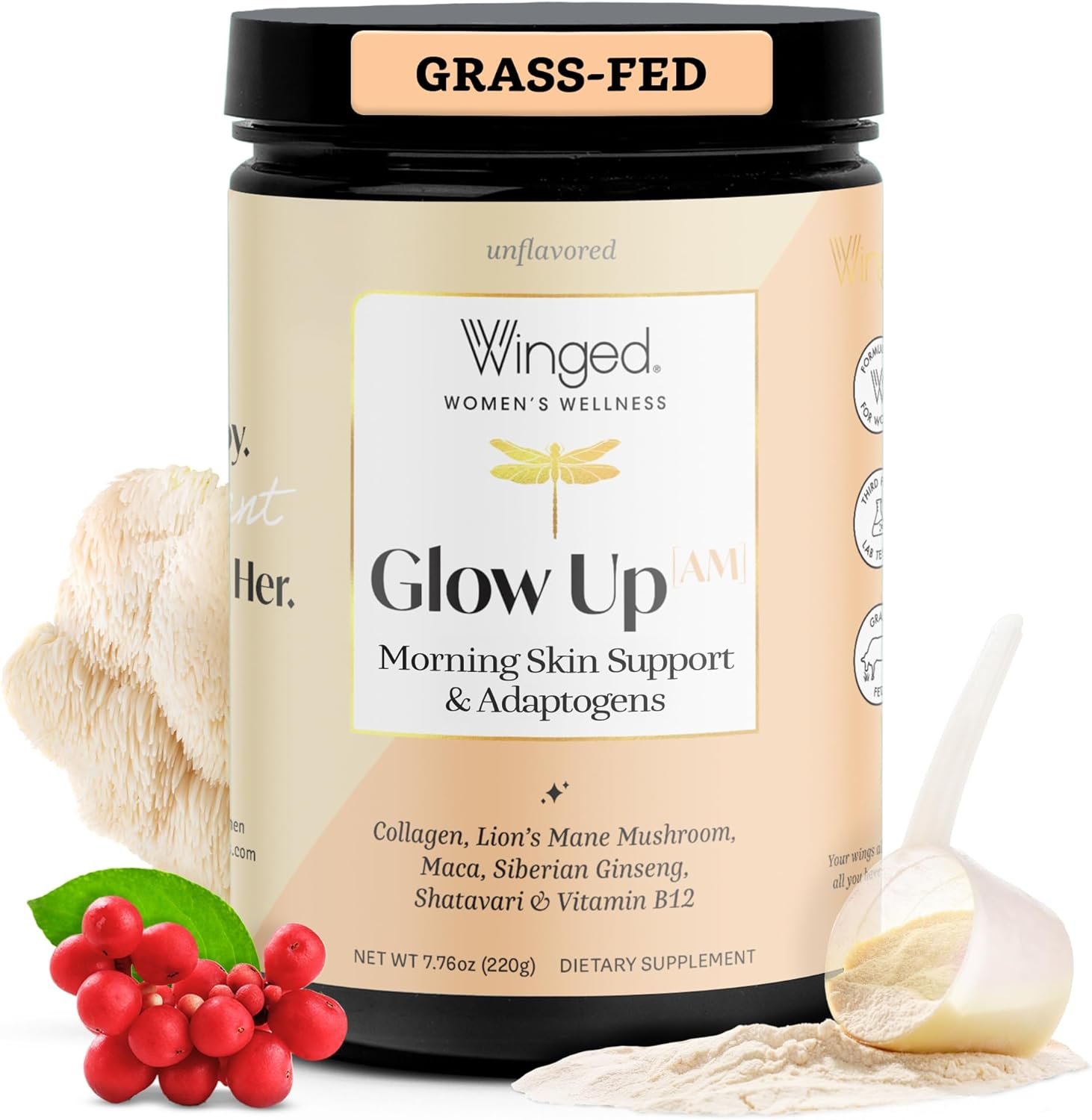 Winged Wellness Glow Up AM, Collagen Powder for Women – Morning Beauty Supplement for Glowing Skin with Grass-Fed Hydrolyzed Collagen Peptides, Lion’s Mane & Shatavari – 21 Servings, Unflavored