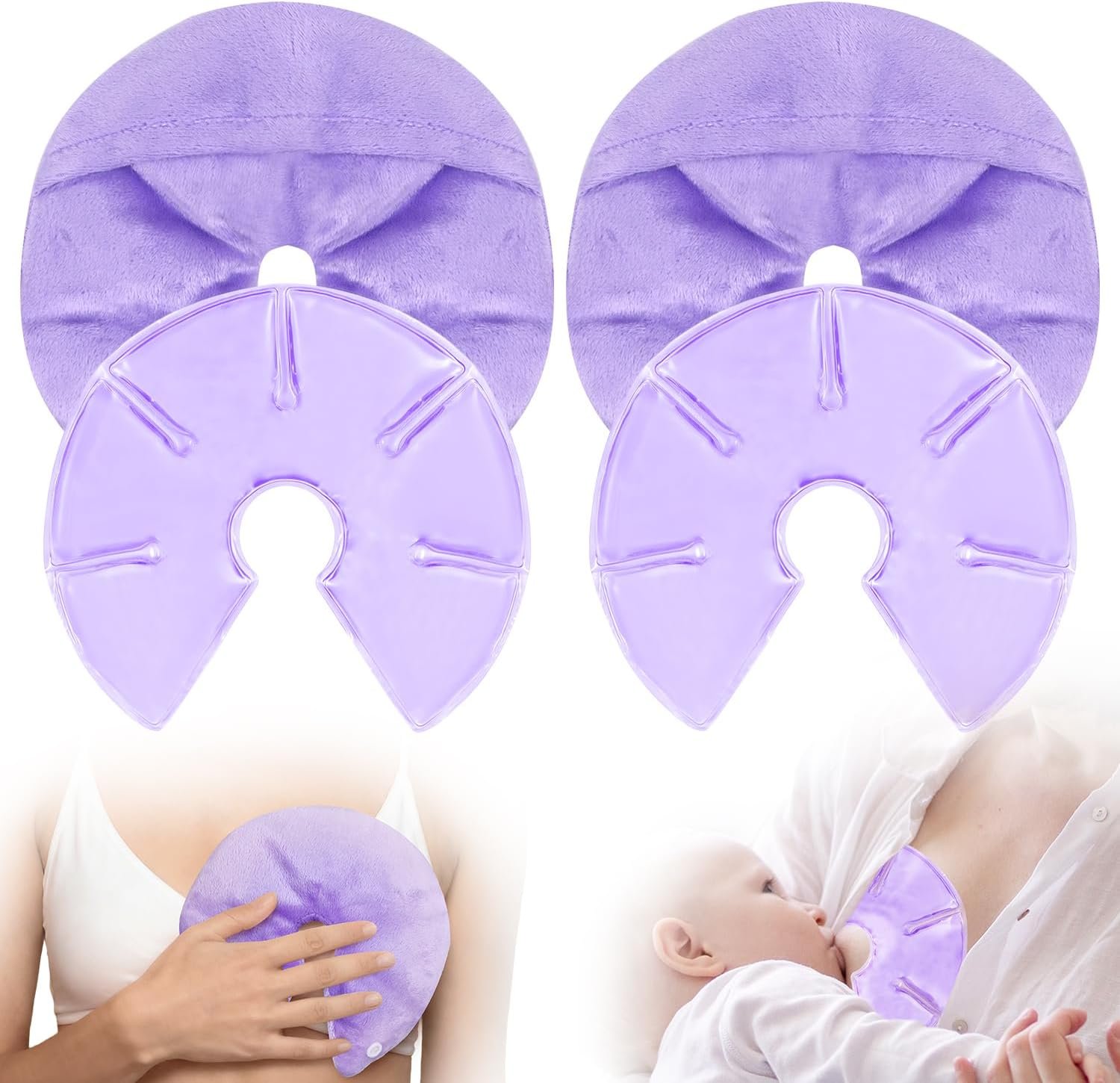 Breast Therapy Packs, 2 Pack Reusable Hot Cold Gel Packs for Nipple Pain Relief, Mastitis, Engorgement, Support for Breastfeeding and Pump Aid-Flexible & Washable with 2 Soft Covers (Purple)