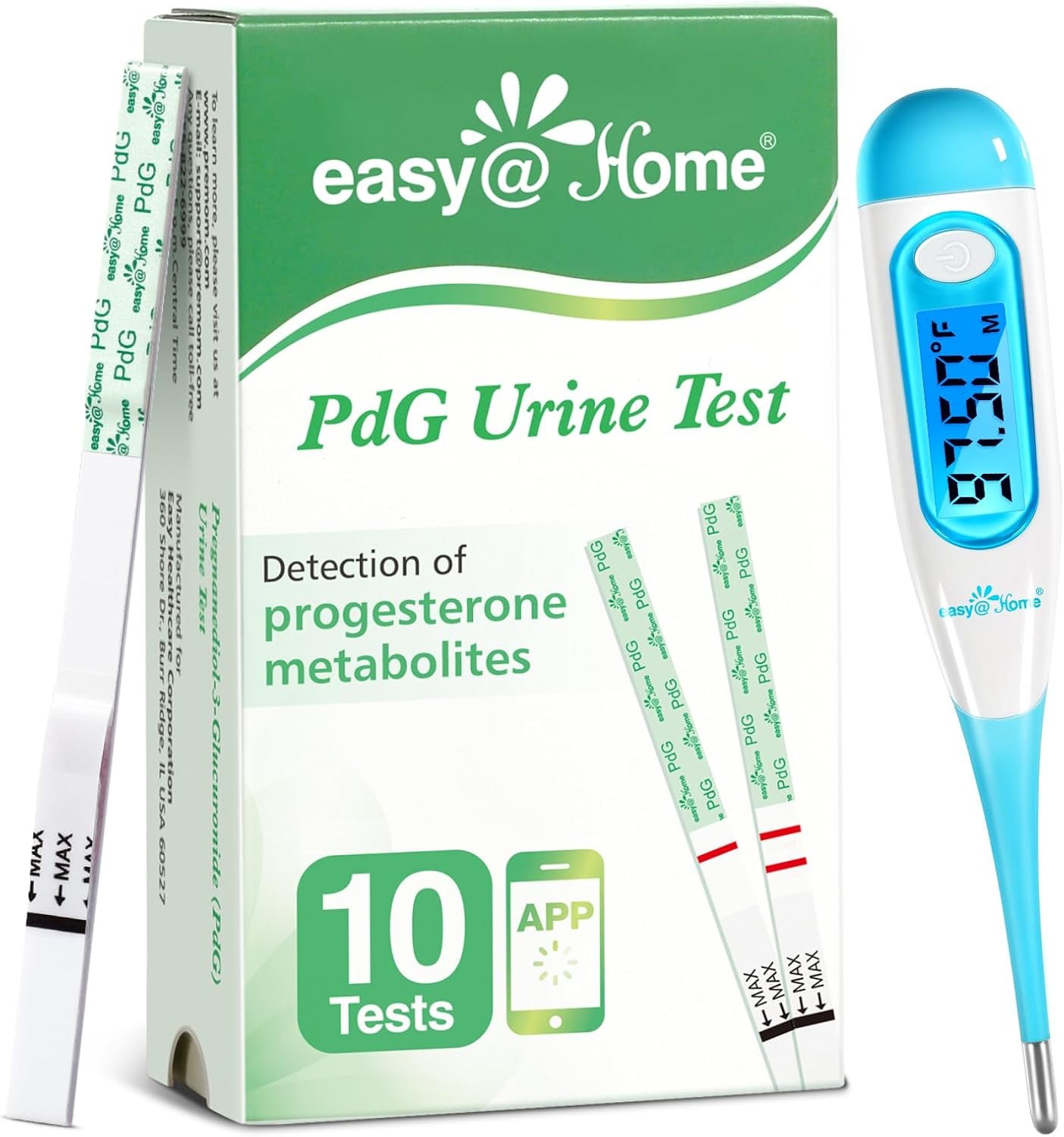 Easy@Home PdG Test Strips and Basal Body Thermometer Kit, 10 PdG+ EBT100